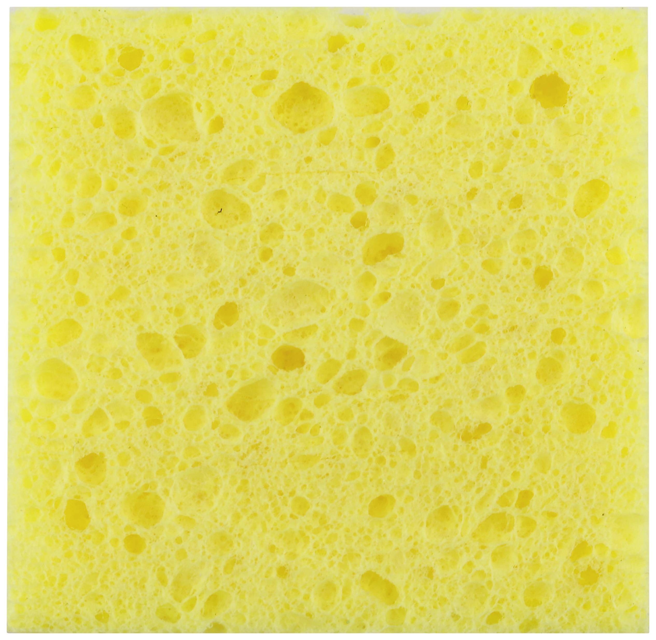 Gelber Schwamm mit poröser Oberfläche. Die Struktur zeigt viele kleine und große Löcher, typisch für Reinigungsschwämme.