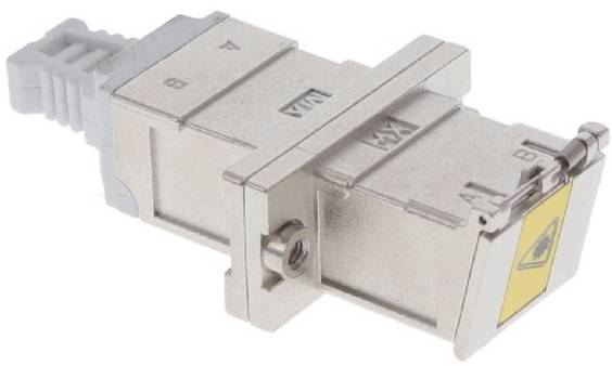 Ein Edelstahl-Keystone-Anschluss mit modularem Steckerdesign. Er verfügt über einen Kabeleingang und wird für Netzwerkverkabelungszwecke verwendet.