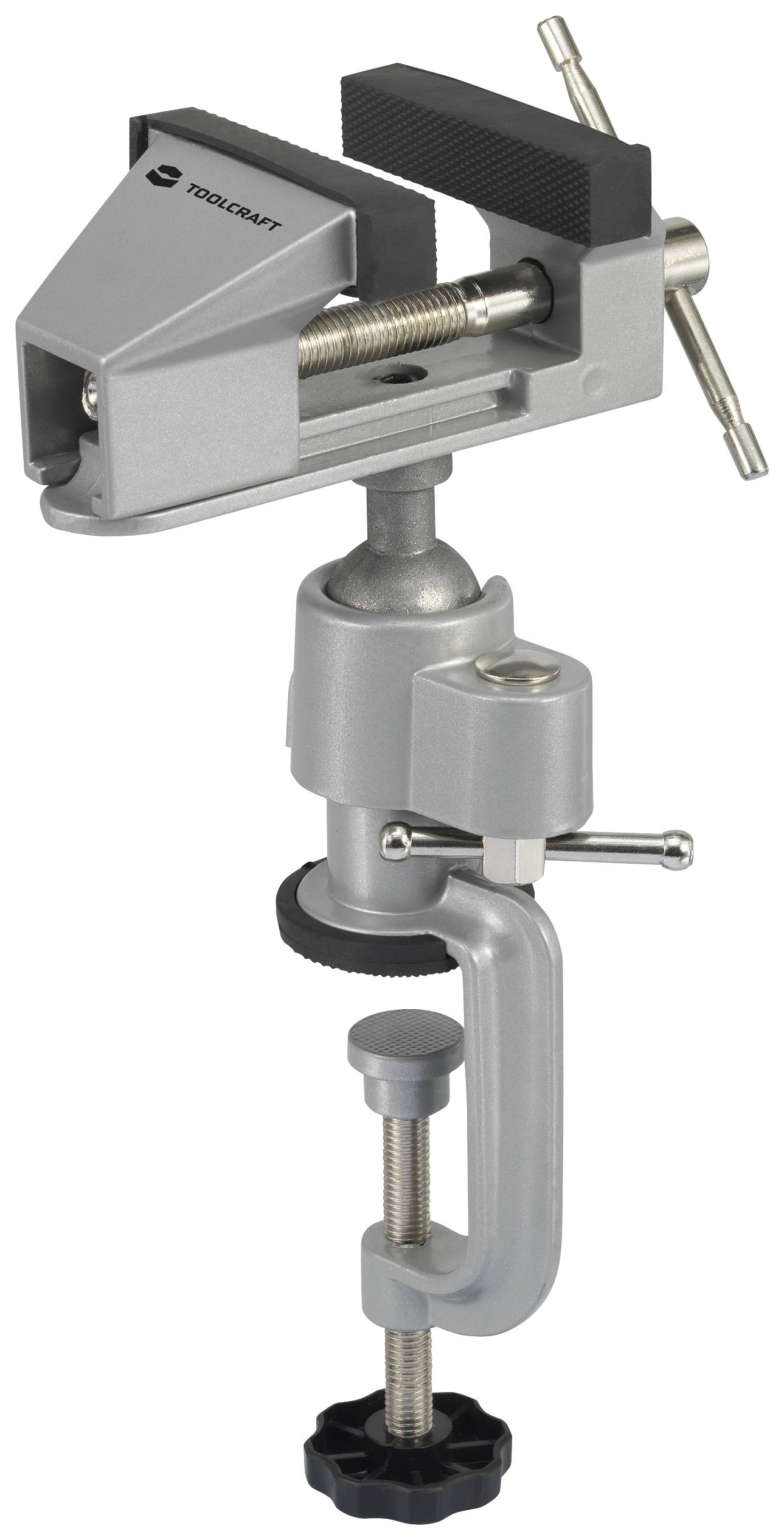 Grauer Schraubstock mit drehbarer Basis und Griffen, befestigt an einer Arbeitsfläche. Ideal für präzises Arbeiten an kleinen Teilen.