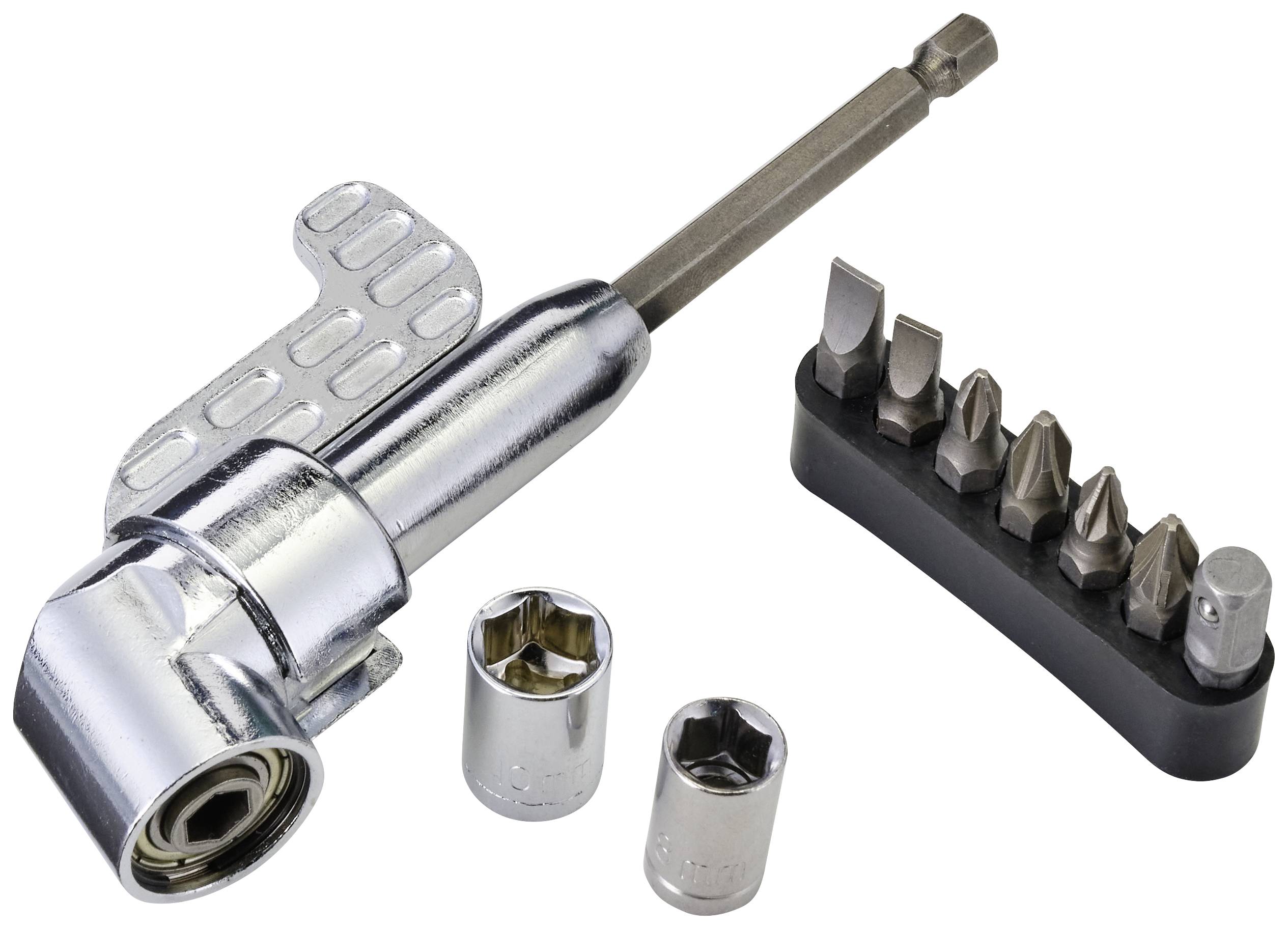Metallschraubendreher-Set mit magnetischem Bithalter, sechs verschiedenen Bits und zwei Nüssen, ausgelegt auf präzises Schrauben.