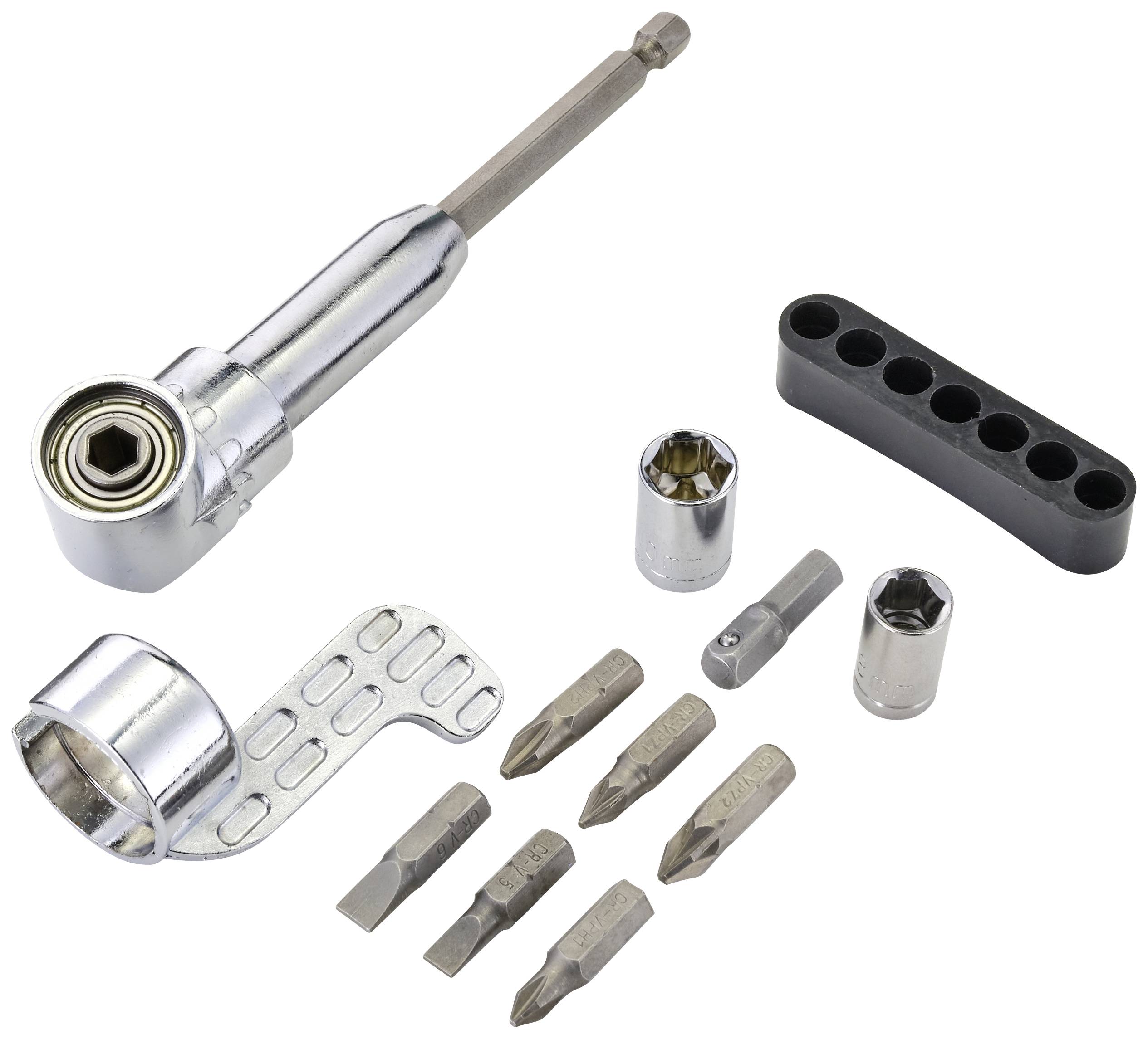 Ein Set von Bits und einem Winkel-Ratschen-Schraubendreheradapter, geeignet für verschiedene Schraubvorgänge, auf weißem Hintergrund.