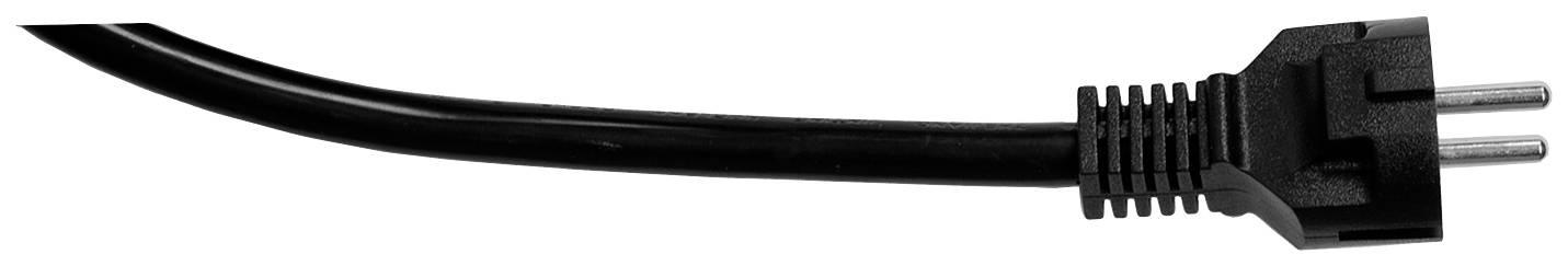 Ein schwarzes Netzkabel mit einem dreipoligen Stecker auf weißem Hintergrund. Der Stecker ist auf der rechten Seite des Bildes.