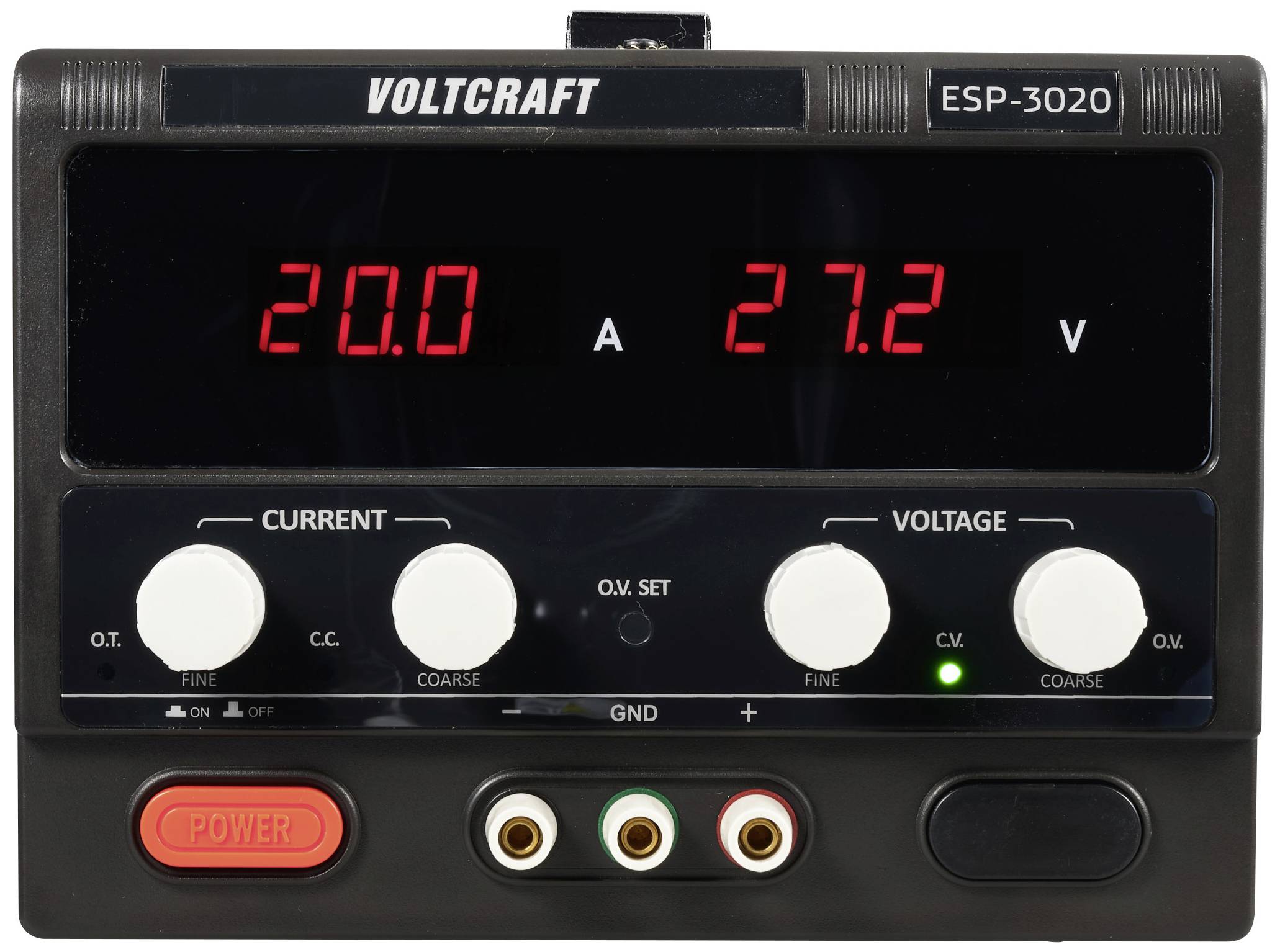 Elektronisches Netzgerät mit Anzeige. Links: 20,0 Ampere, rechts: 27,2 Volt. Regler für Stromstärke und Spannung, Power-Taste.
