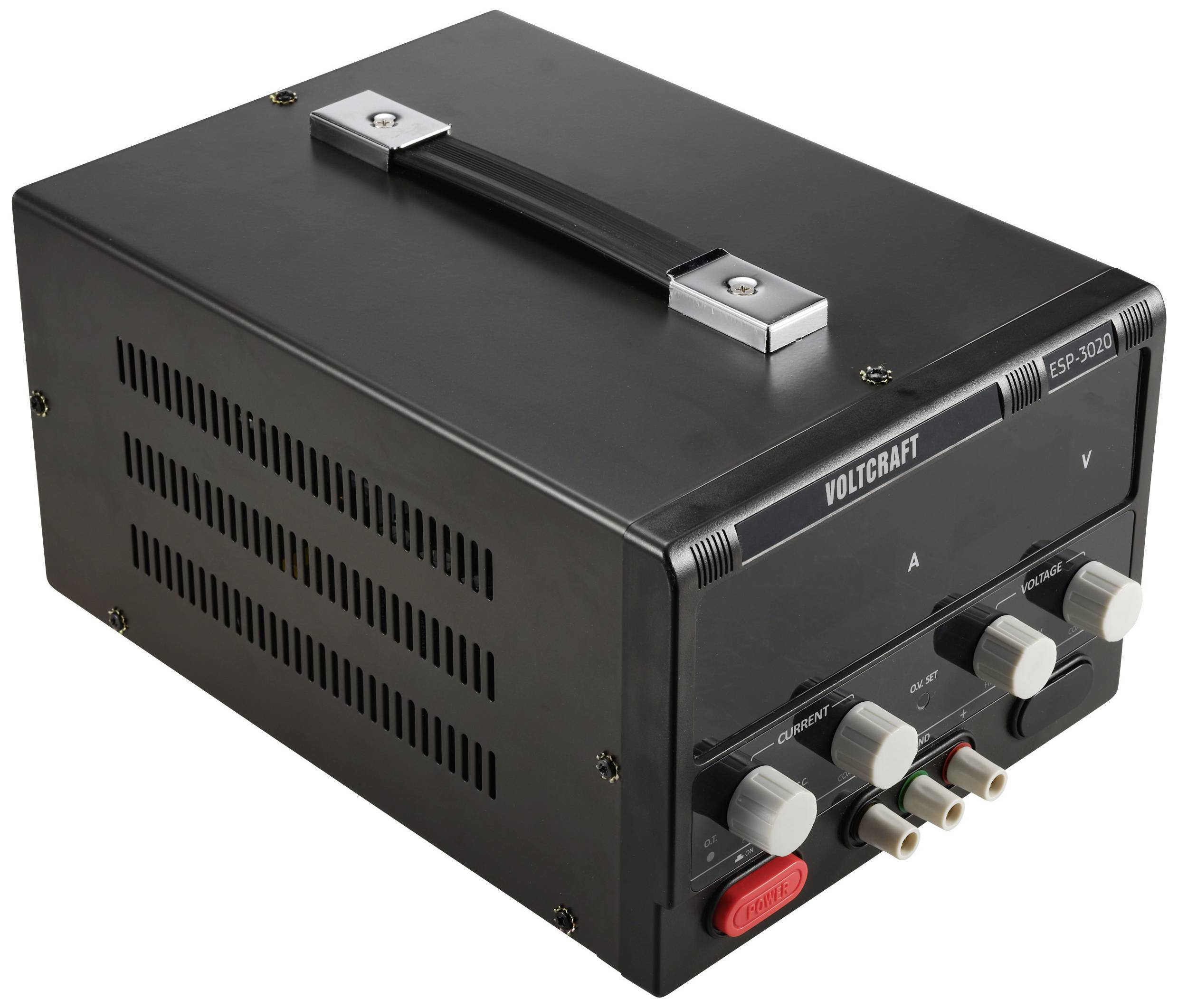 Ein schwarzes Voltcraft-Netzteilmodell ESP-5200 mit mehreren Drehknöpfen und Anschlüssen auf der Vorderseite, geeignet für technische Anwendungen.