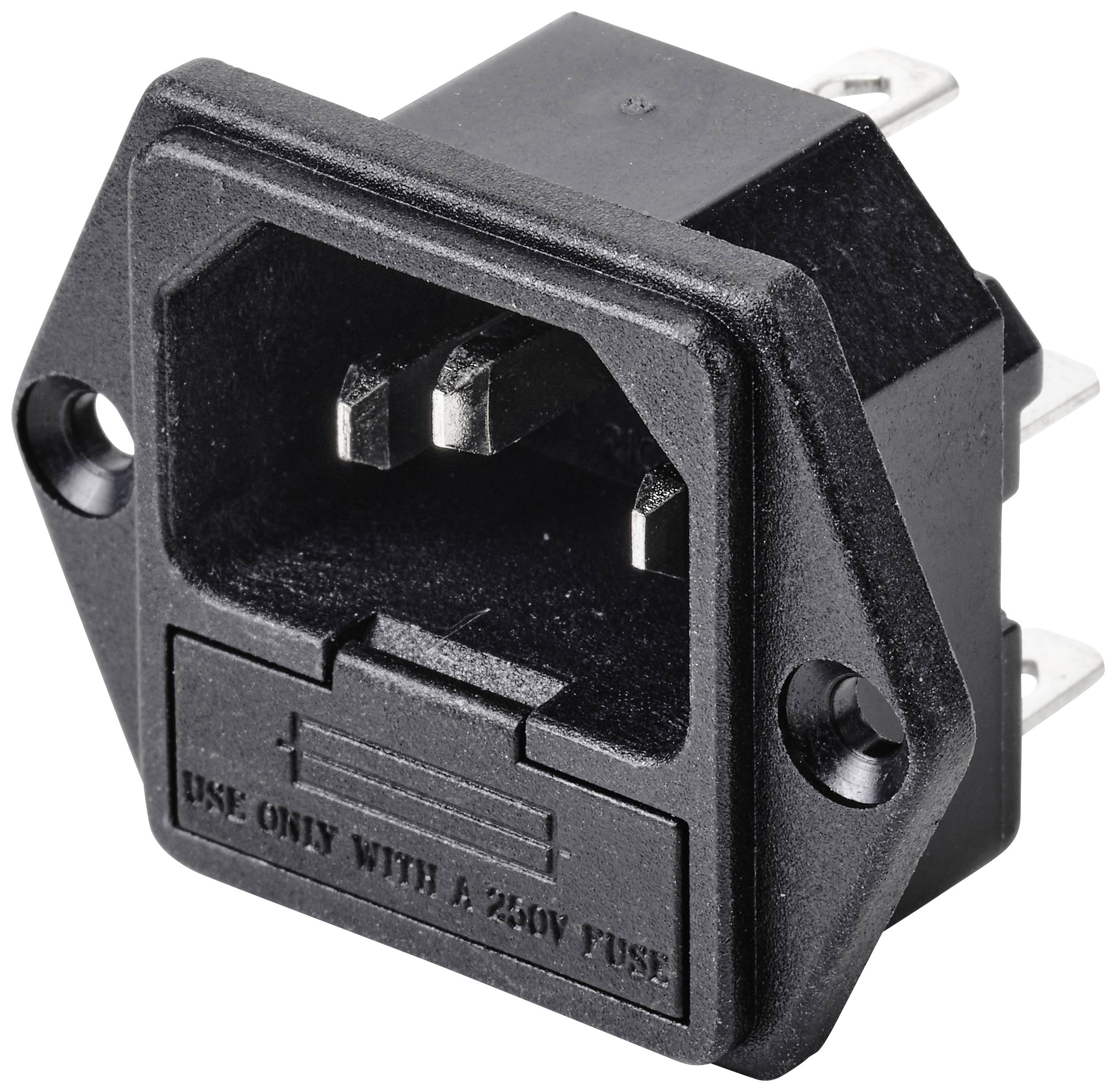 Schwarzer IEC-Präsentationsstecker mit Sicherungshalter, geeignet für 250V. Geeignet für Geräteanschluss in Elektrogeräten.