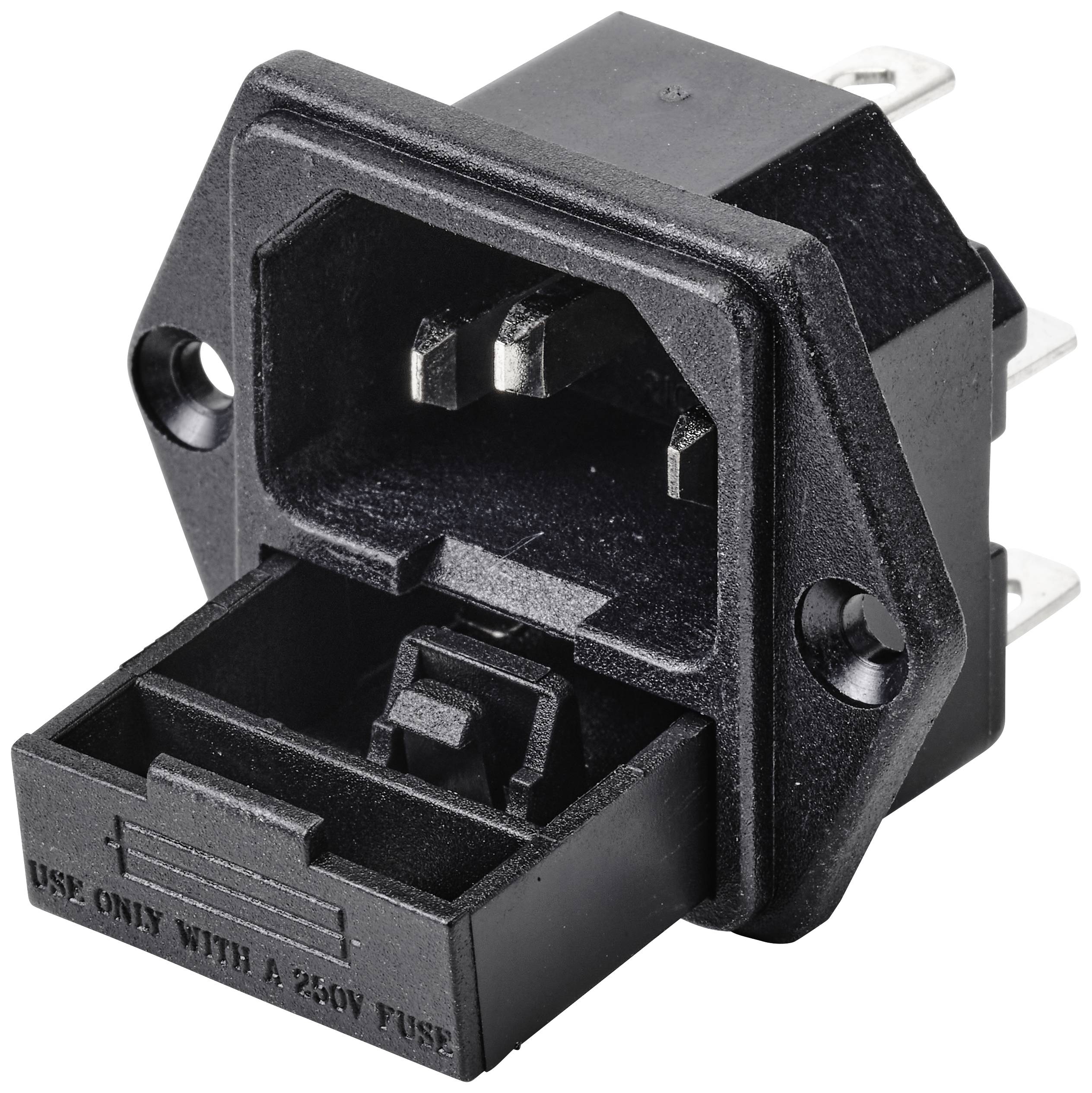 'Schwarzer Kaltgeräte-Stecker mit Sicherungshalter, rechteckige Form, zwei Metallkontakte. Gehäuse zeigt Aufschrift: 