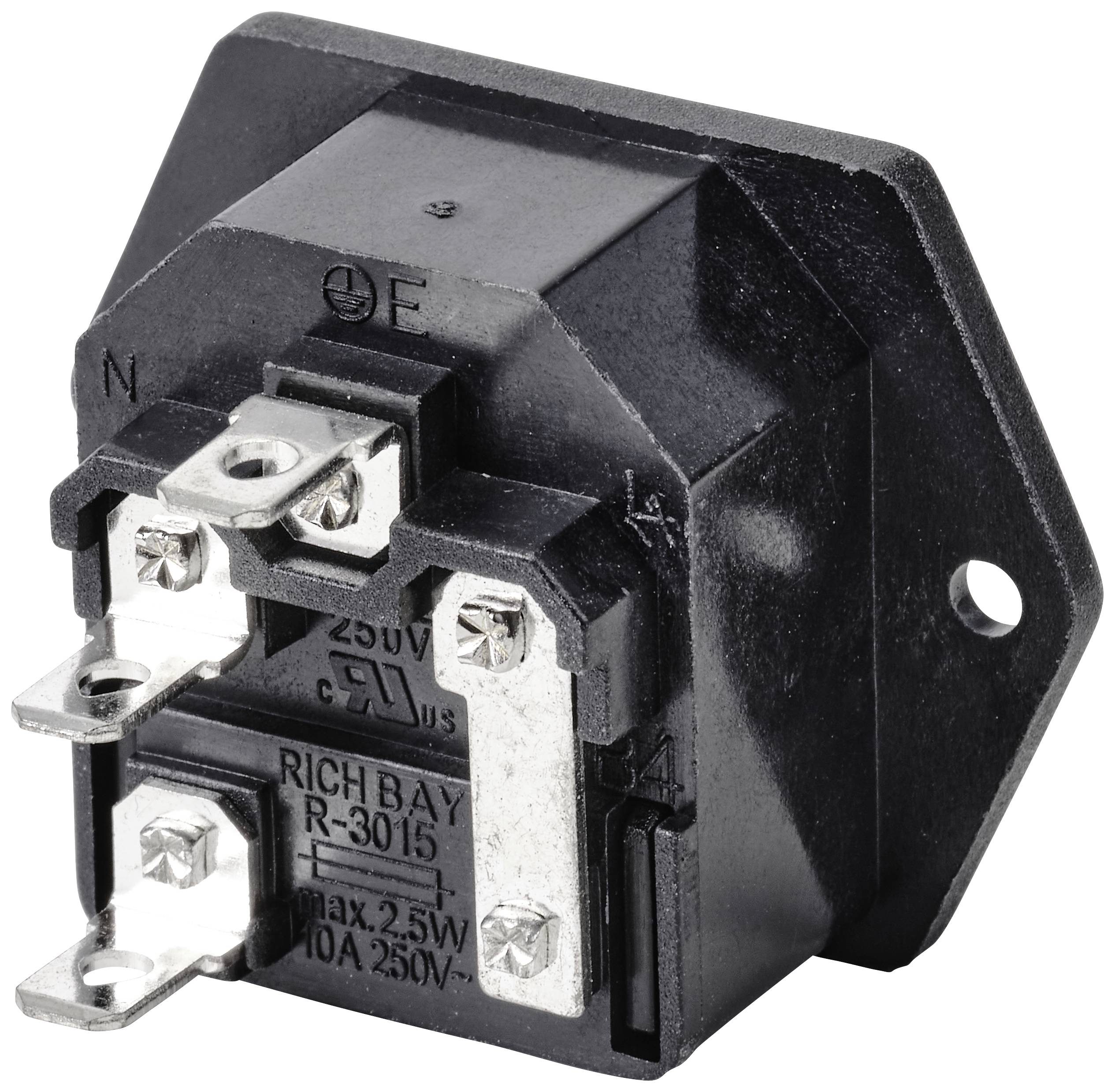 Ein schwarzer elektrischer Adapter mit vier Anschlussklemmen, geeignet für 250V Wechselspannung, 10A Maximalstrom.