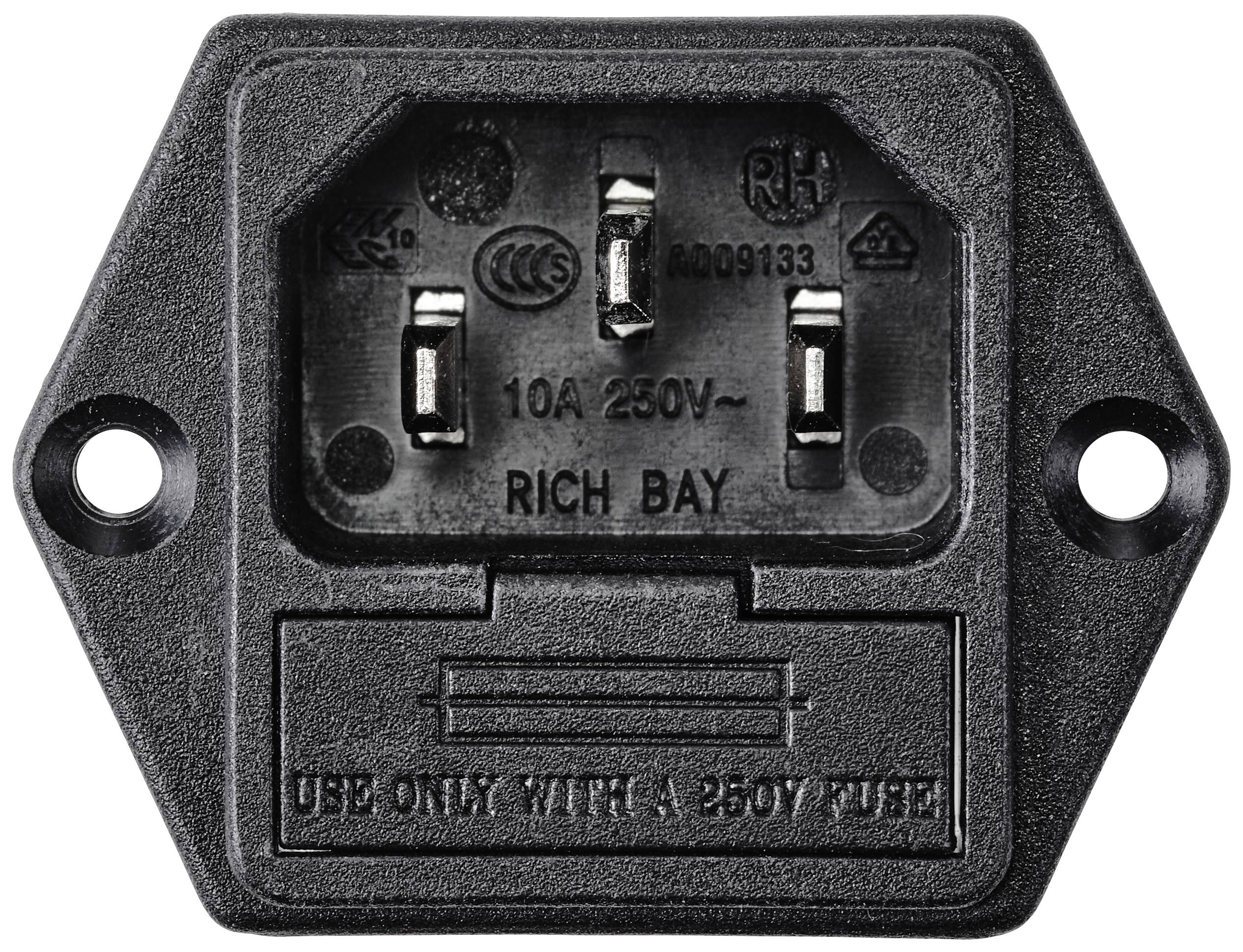 Schwarzer elektrischer Steckverbinder mit Aufschrift '10A 250V~' und Hinweis 'Use only with a 250V fuse'. Herstellername: Rich Bay.
