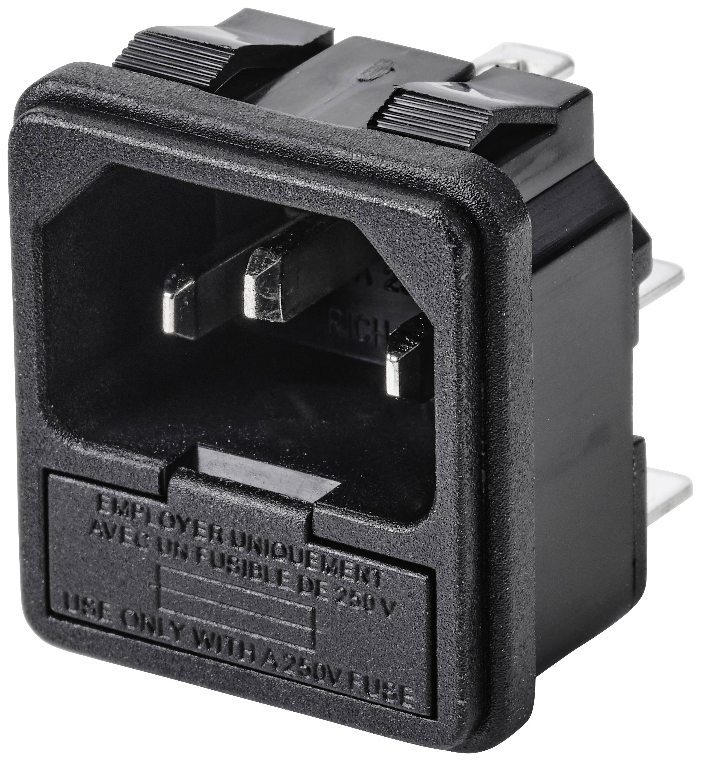 Schwarzer Gerätestecker mit dreipoligem Anschluss. Markierung 'USE ONLY WITH A 250V FUSE' auf der Vorderseite zu sehen.