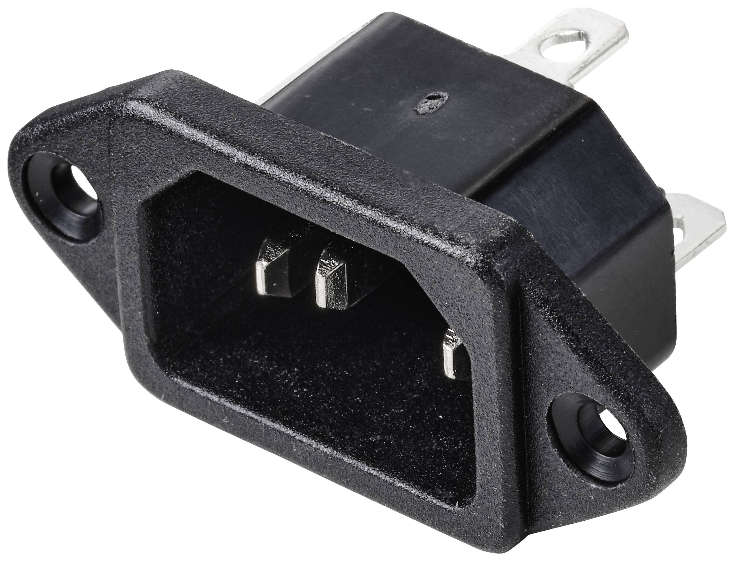 Ein schwarzer IEC-Netzstecker mit zwei Schraublöchern oben und unten, geeignet zur Stromverbindung in elektronischen Geräten.