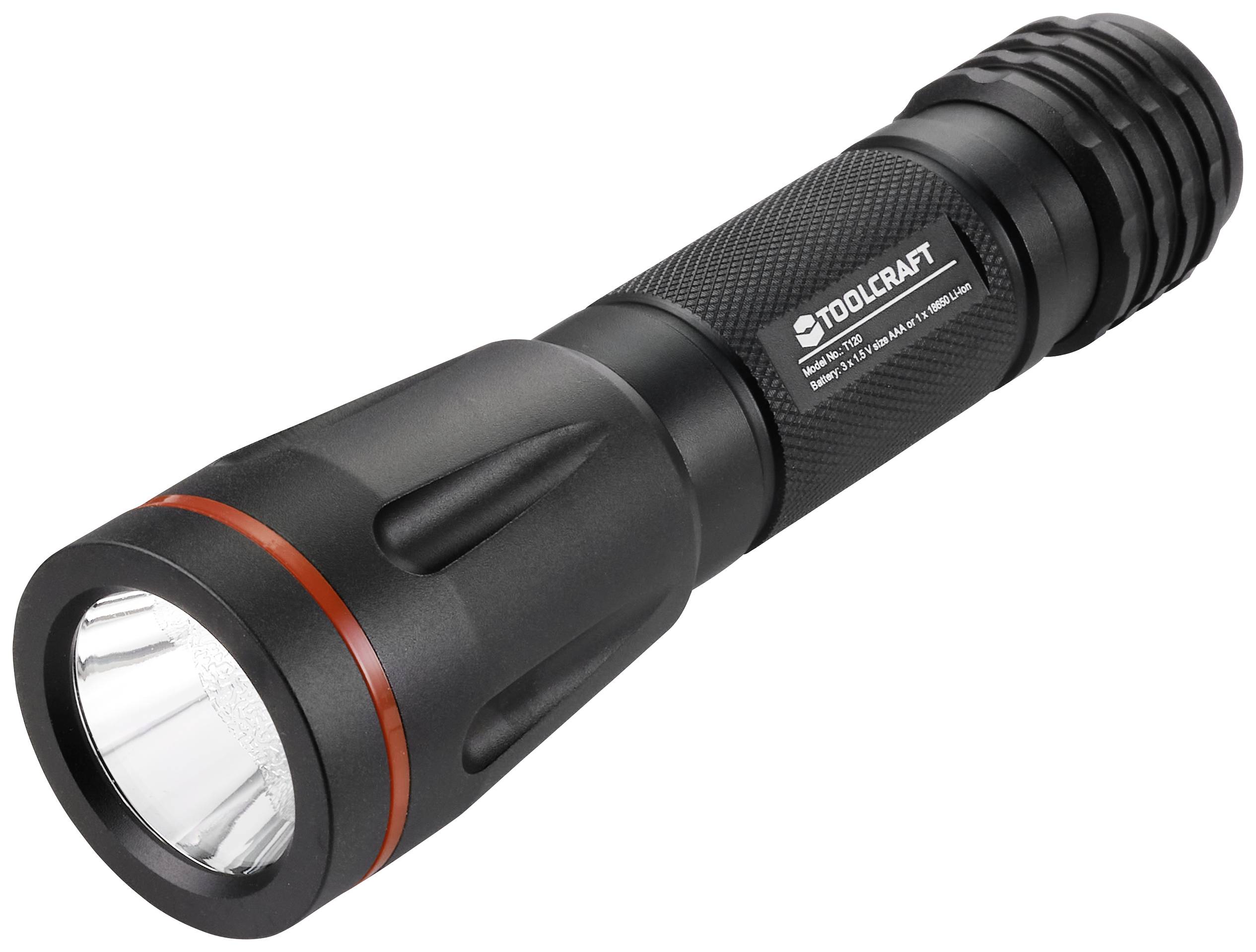 Schwarze Taschenlampe mit rotem Ring, robuste Bauweise, Markenname 'TOOLCRAFT' auf dem Griff.