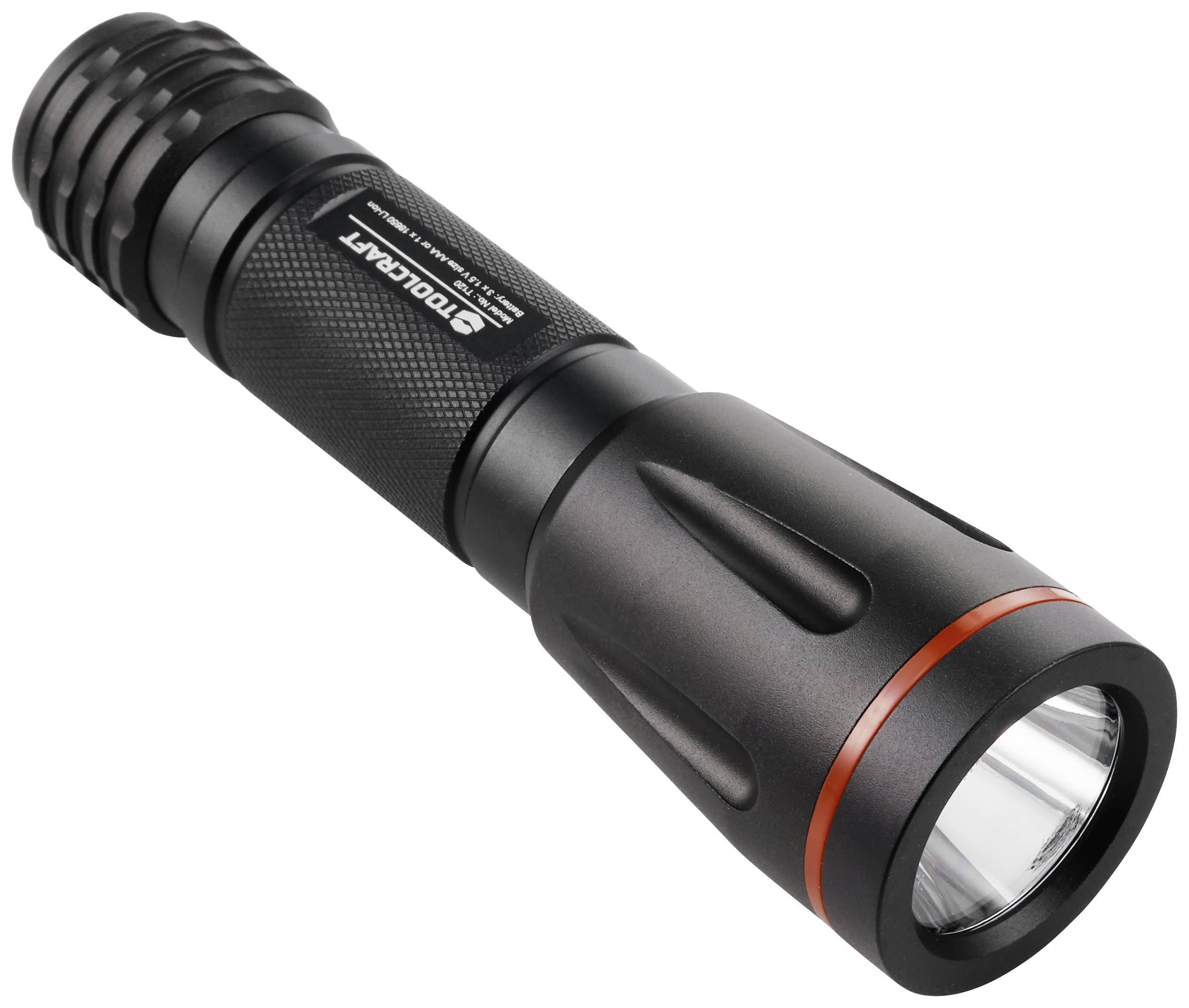Schwarze Taschenlampe mit einem rutschfesten Griff und einer roten Abdeckung. Sie ist tragbar und für Outdoor-Aktivitäten geeignet.