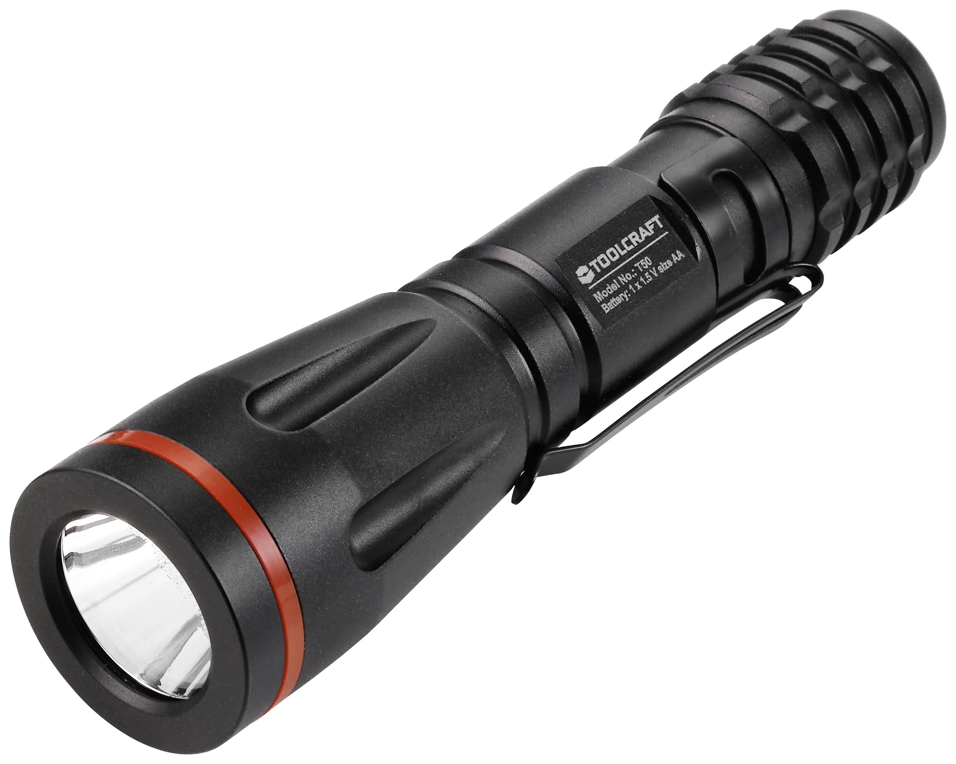 Schwarze Taschenlampe mit rotem Ring am Kopf, seitlichem Clip und gerilltem Griff. Markenname ist auf dem Gehäuse zu sehen.