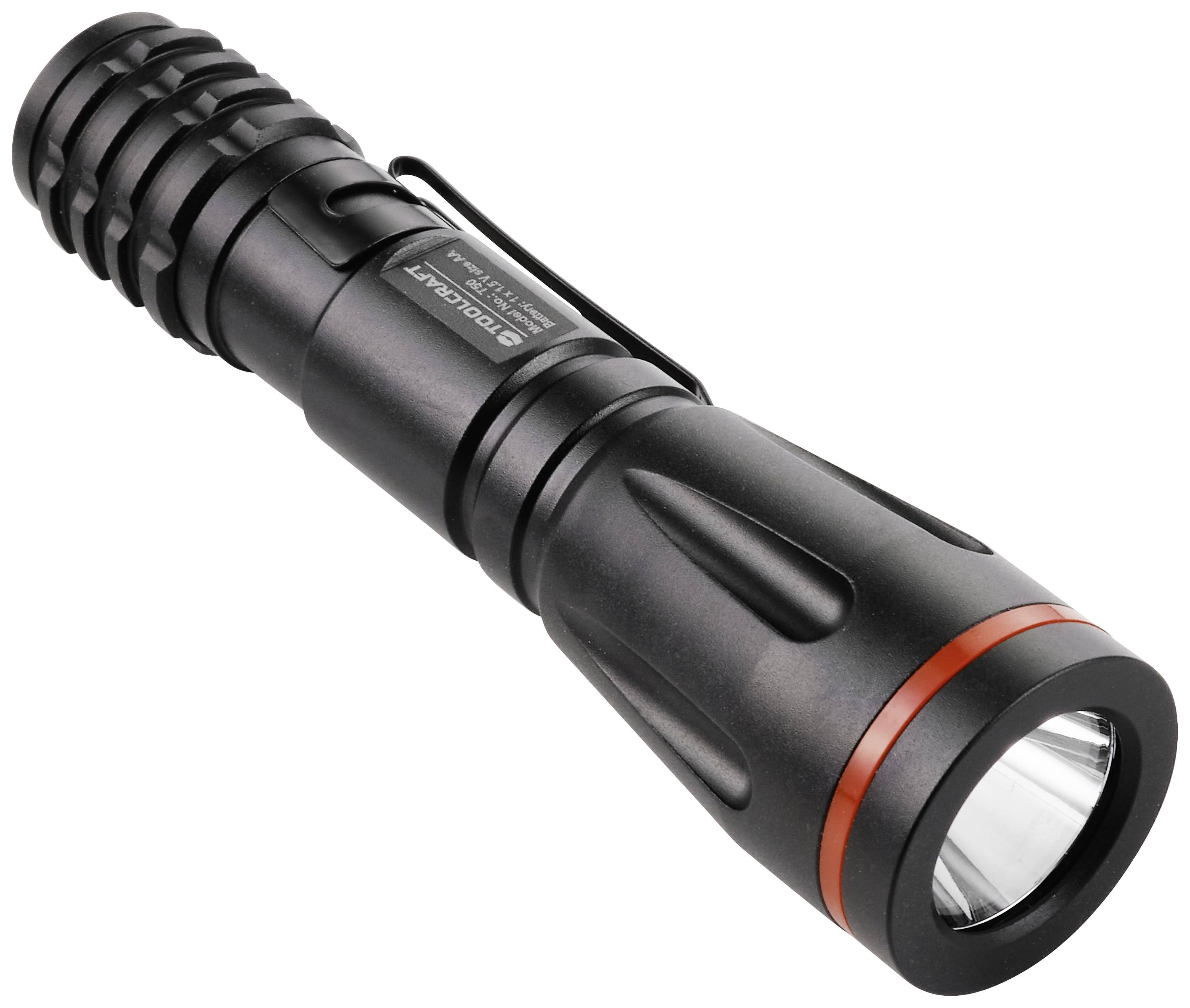 Eine schwarze Taschenlampe mit rotem Ring an der Spitze. Sie hat ein robustes, geripptes Design und einen Clip an der Seite.
