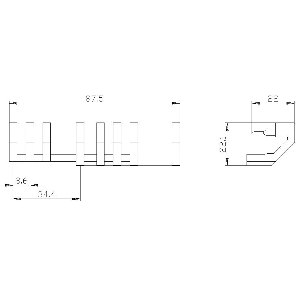 Technische Zeichnung eines Bauteils mit Maßen: Länge 87,5 mm, Breite 22 mm, Höhe 22,1 mm, und weiteren kleineren Dimensionen.