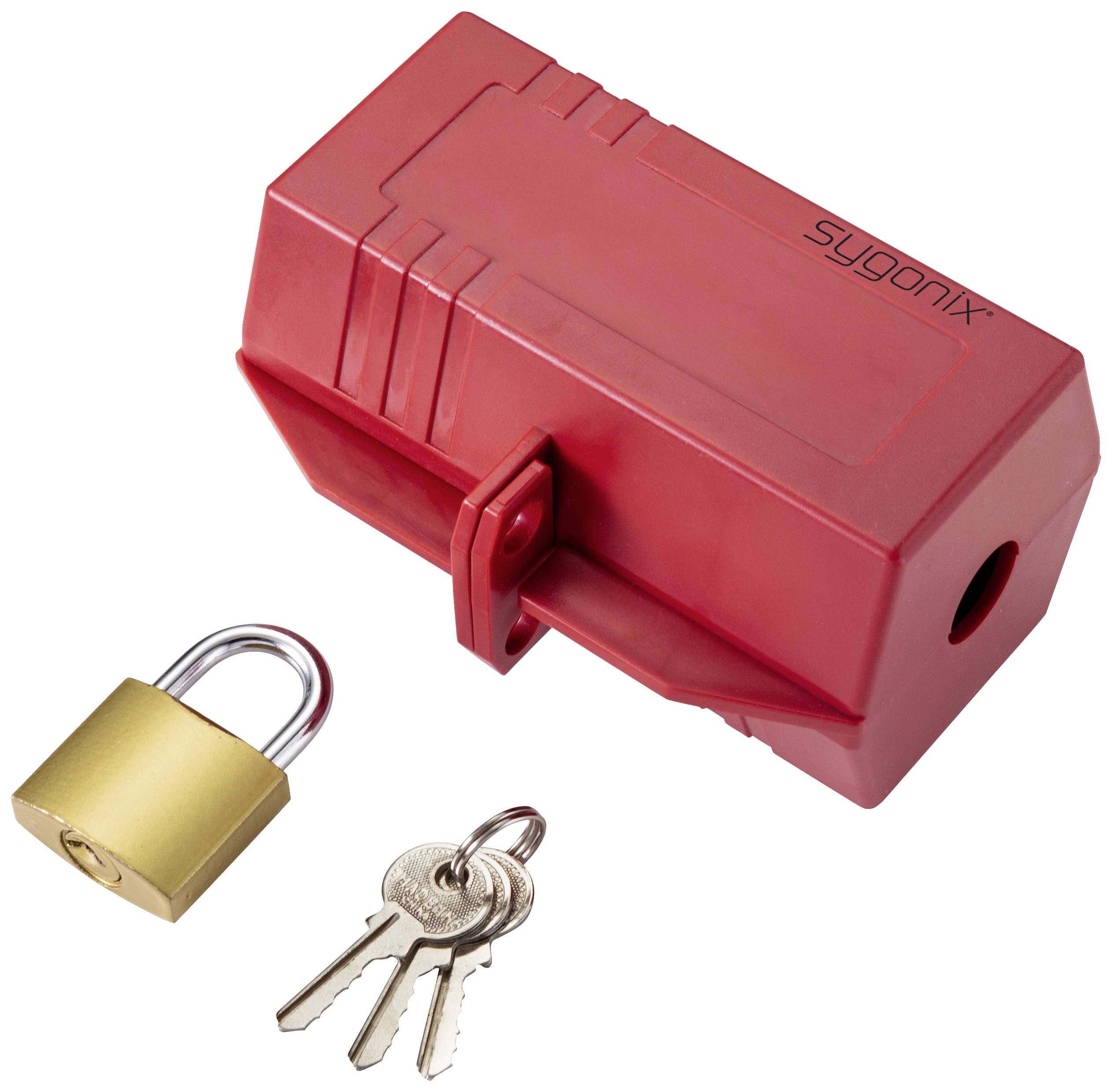 Rotes Lockout-Tagout-Gerät mit Vorhängeschloss und drei Schlüsseln, zur Sicherung von Maschinen während Wartungsarbeiten.