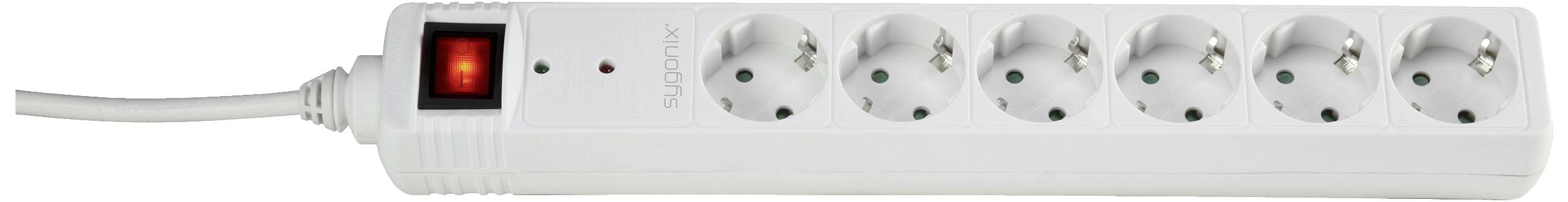 Ein weißer Steckdosenverteiler mit sechs Steckplätzen und einem roten Ein-/Ausschalter.