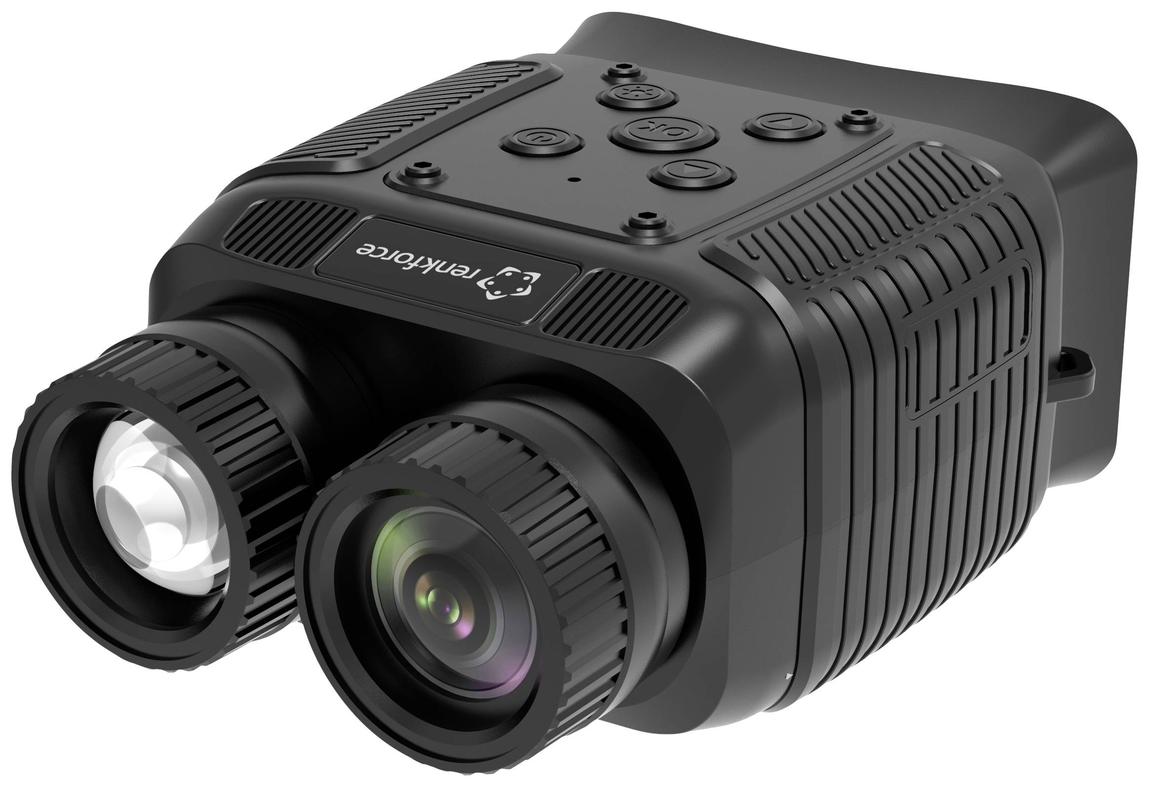 Ein schwarzes Nachtsichtgerät mit zwei Objektiven und mehreren Bedienelementen auf der Oberseite für Sicht bei Dunkelheit.