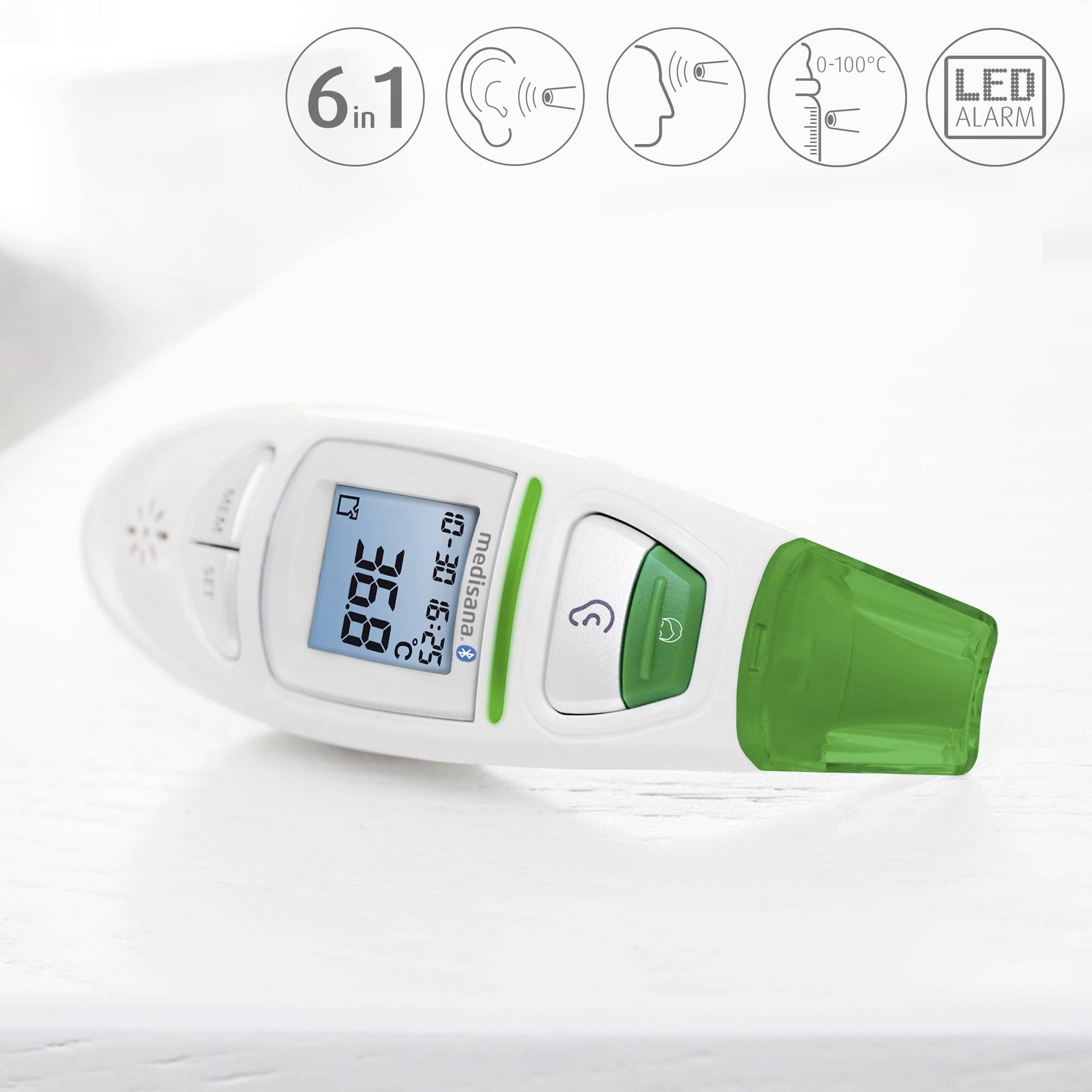 Digitales Thermometer mit grünem Sensor und Display zeigt '36,9 °C'. Symbole oben: 6-in-1-Funktionen, Temperaturbereich 0-100°C und LED-Alarm.