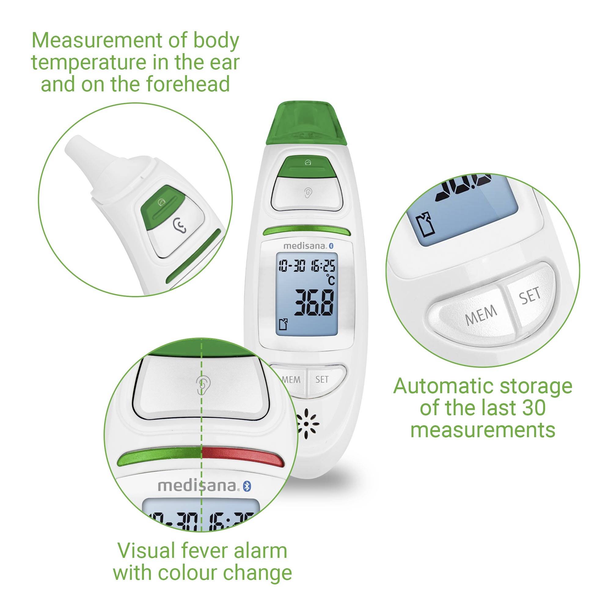 Multifunktionales Thermometer zeigt Temperatur 36,8°C, speichert 30 Messungen, misst an Ohr/Stirn. Visueller Fieberalarm.