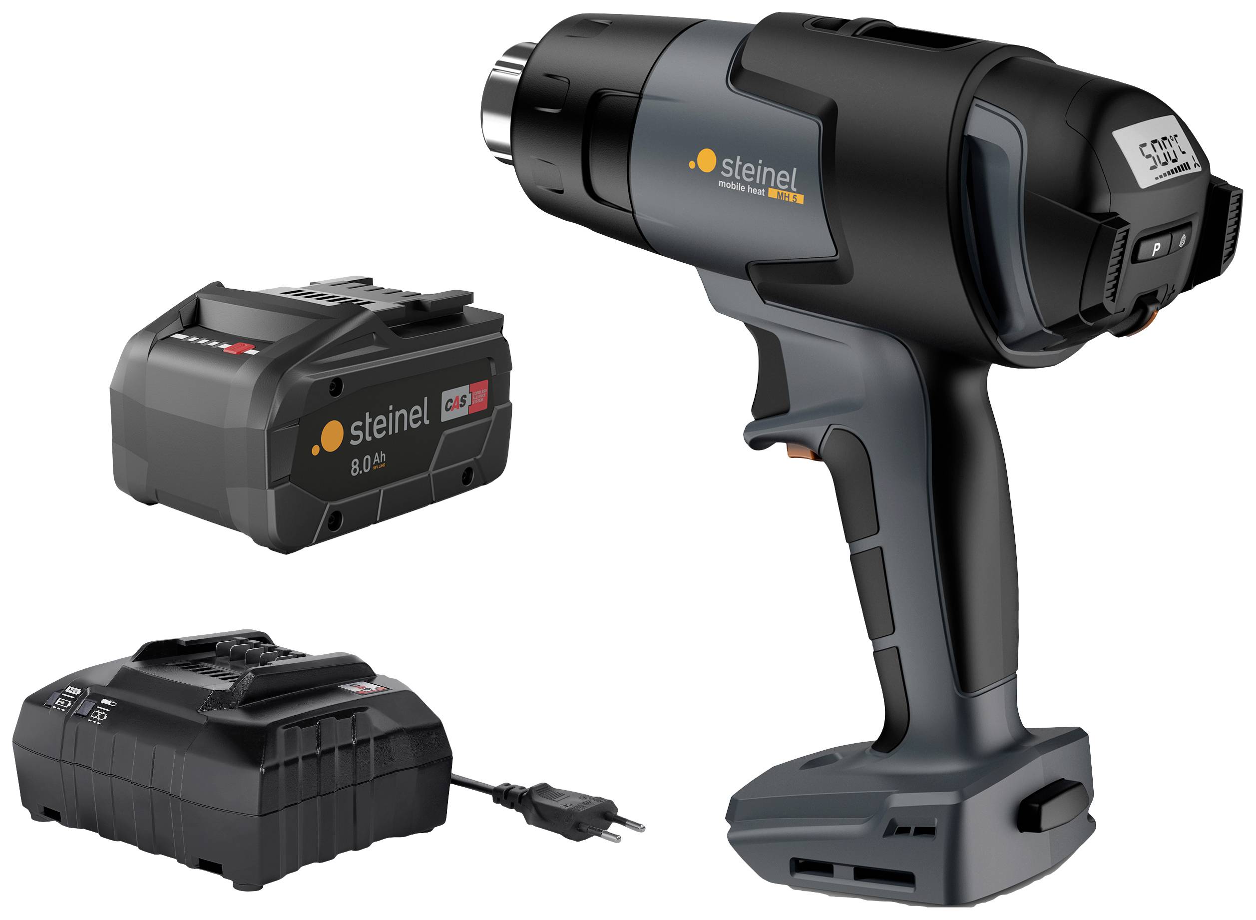 Kabelloses Heißluftgebläse mit Akku und Ladegerät. Anzeige zeigt 500°C. Ideal für vielseitige Anwendungen und Mobilität.