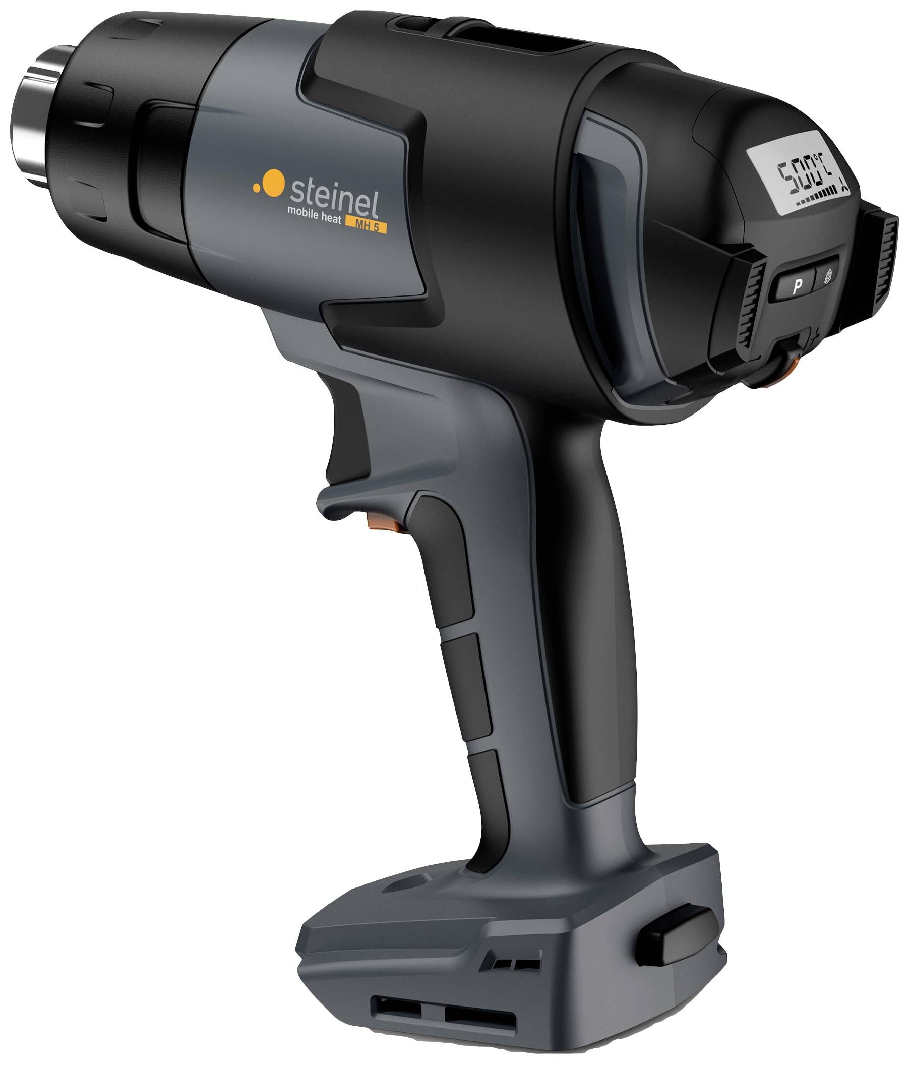 Heißluftgebläse mit digitalem Display, das '500°C' anzeigt. Entworfen für präzises Arbeiten in Handwerks- und Bauprojekten.