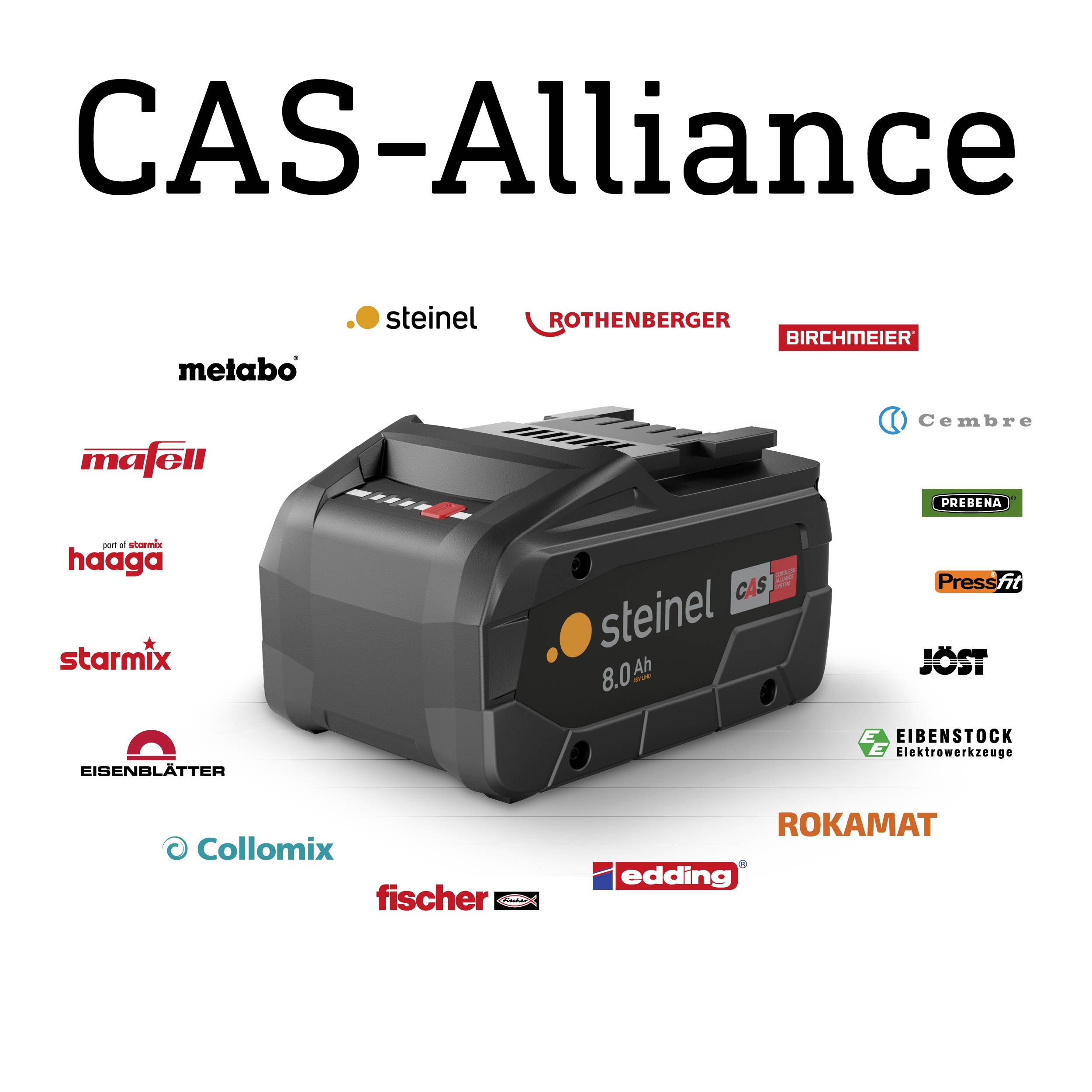 Akkupack der Marke CAS-Alliance, umgeben von Logos verschiedener Werkzeughersteller wie Metabo, Rothenberger und Steinel.