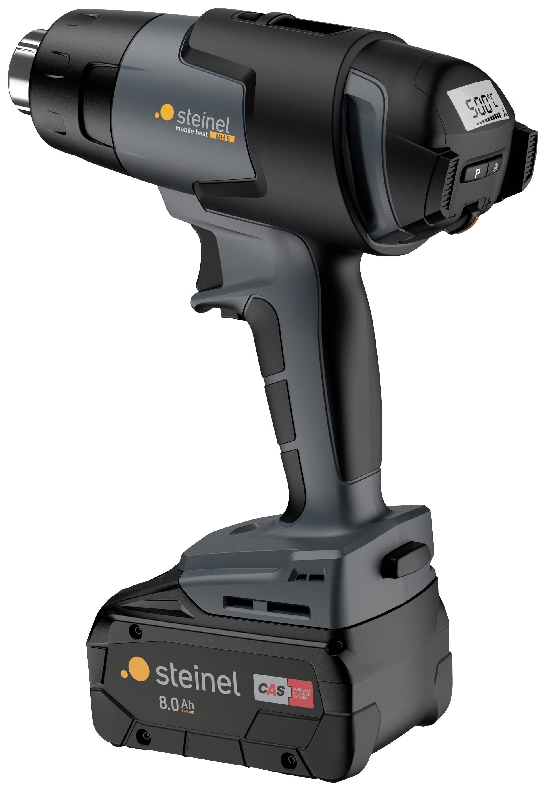 Heißluftpistole von Steinel mit digitaler Temperaturanzeige; zeigt 550 Grad Celsius an. Batteriebetrieben mit 8.0 Ah Leistung.