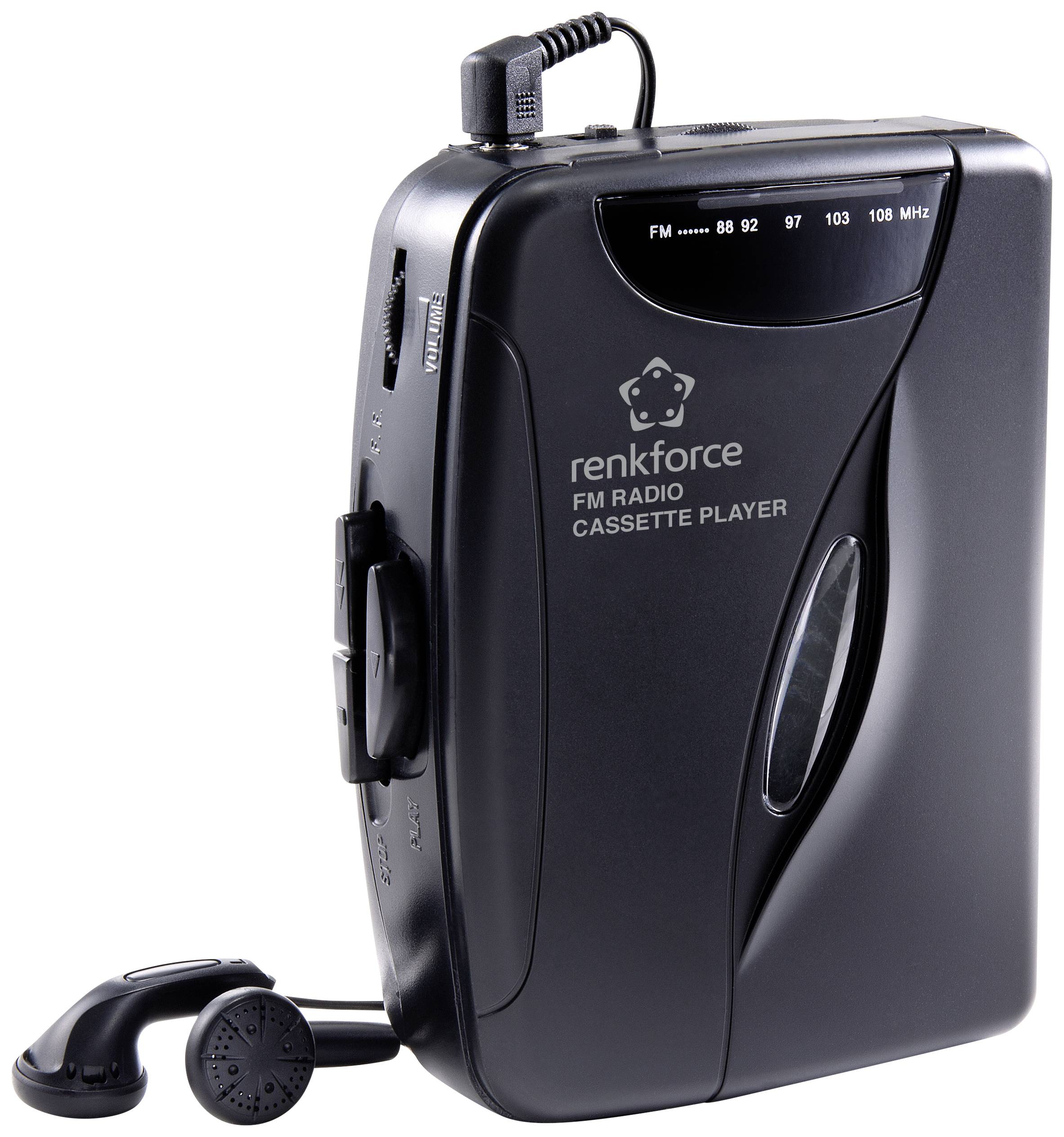 Schwarzer tragbarer Kassetten- und UKW-Radio-Player mit Kopfhörern. Frequenzbereich: FM 88-108 MHz. Markenname: Renkforce.