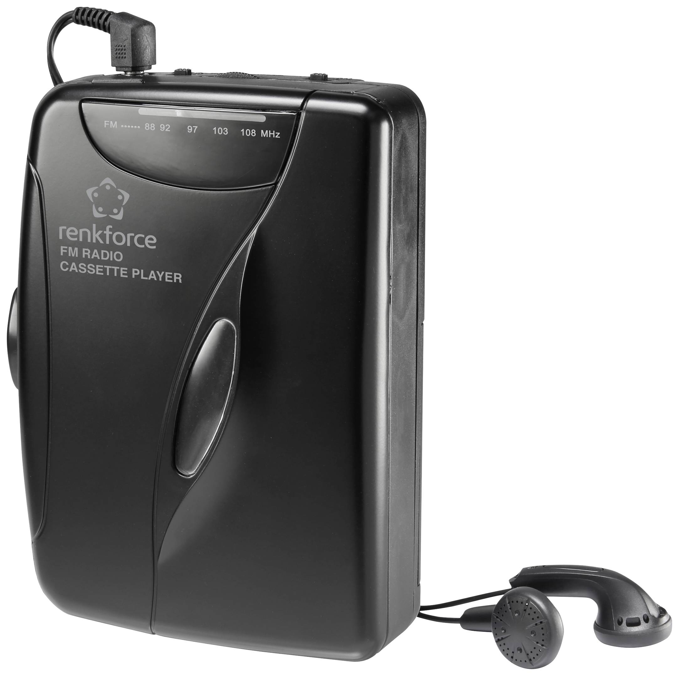 Schwarzer Kassettenplayer mit FM-Radio von Renkforce, angeschlossenem Ohrhörer. Frequenzanzeige oben: 88 bis 108 MHz.