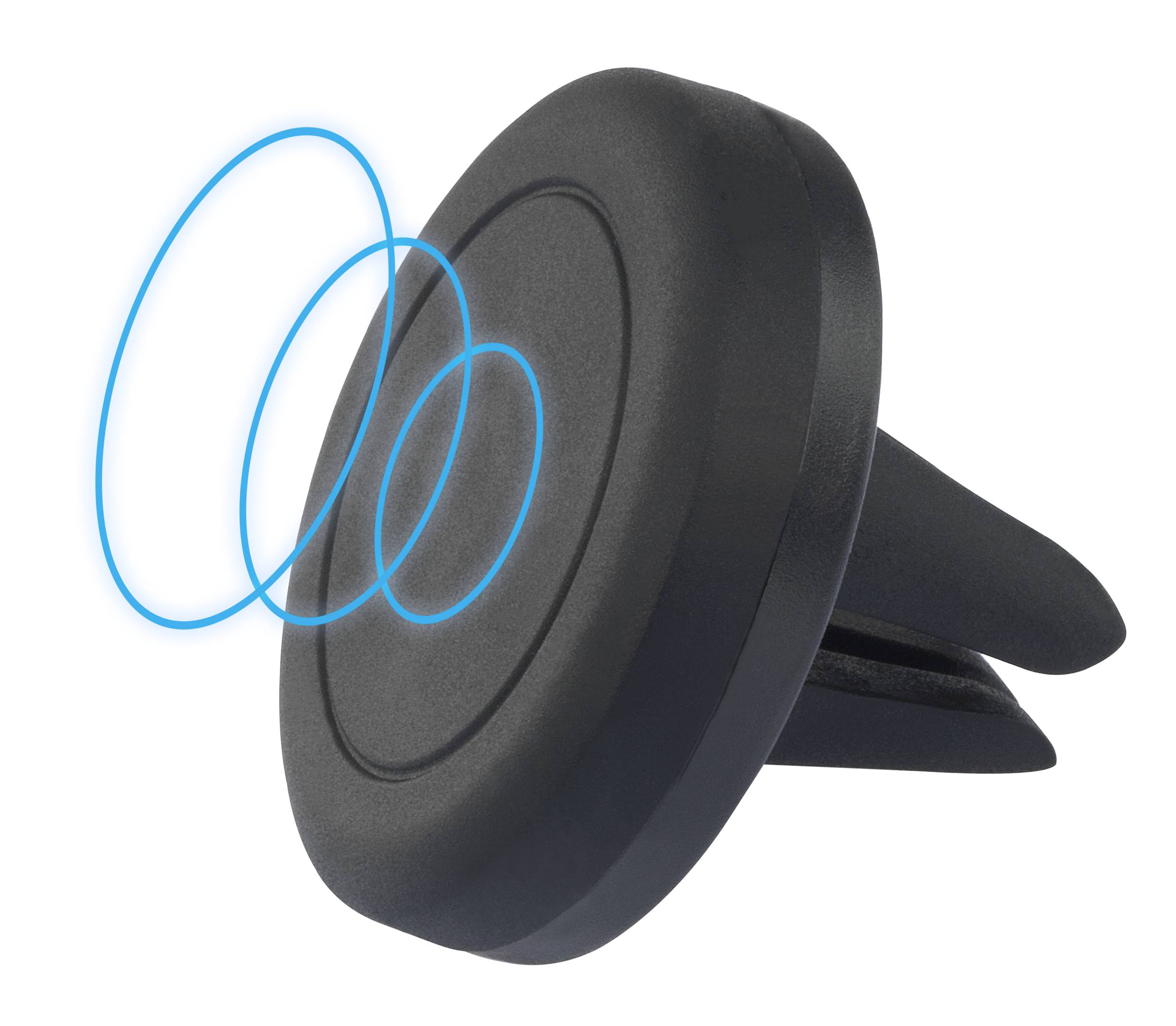 Schwarzer runder Auto-Luftauslass-Handyhalter mit blauen Wellensymbolen, die magnetische Befestigung anzeigen.