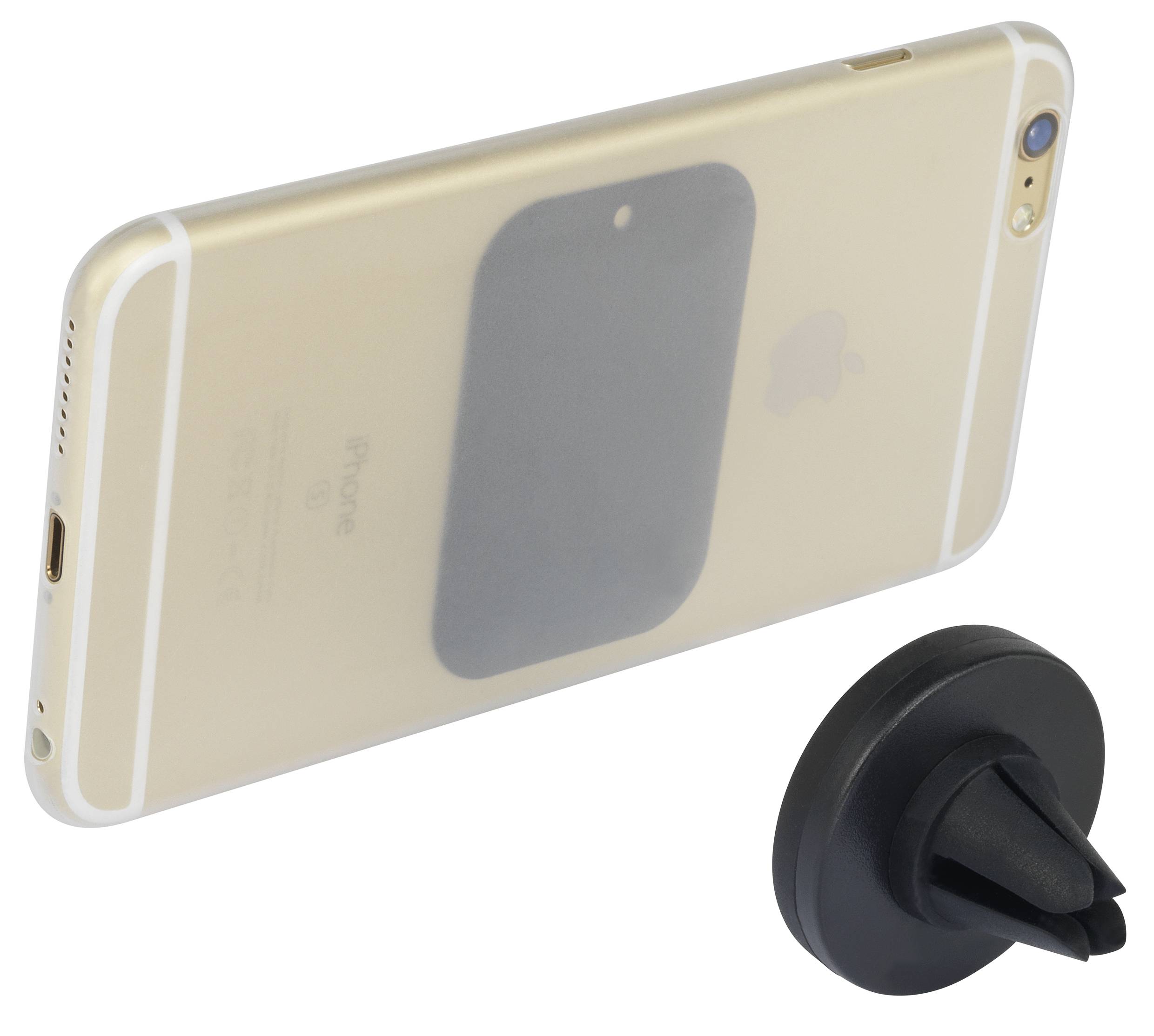 Ein Smartphone mit einer Metallplatte für eine magnetische Autohalterung, neben einer schwarzen Magnethalterung.