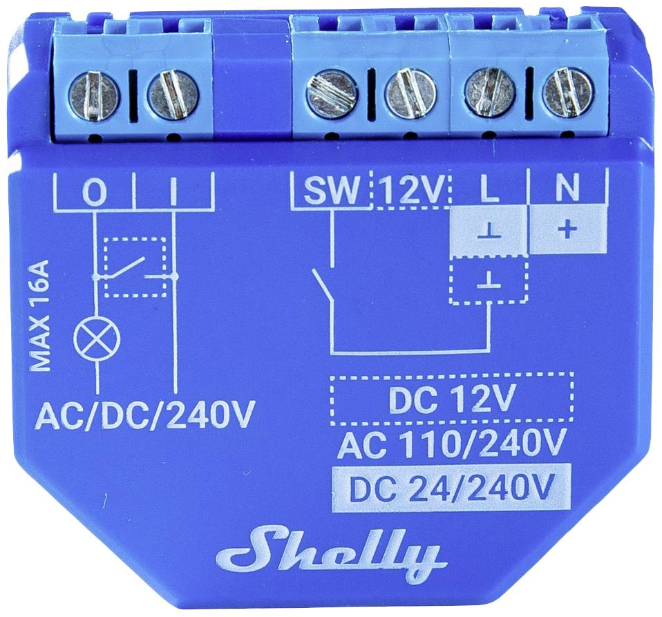 Blauer elektrischer Schalter mit Aufschriften: 'AC/DC/240V', 'MAX 16A', 'SW:12V', 'DC 12V', 'AC 110/240V', Herstellername 'Shelly'.