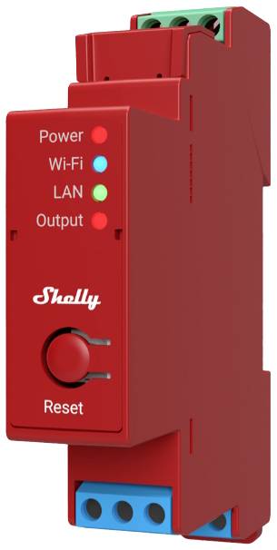 Rotes Smart-Device-Modul mit LED-Anzeigen: 'Power', 'Wi-Fi', 'LAN', 'Output' und einem Reset-Knopf. Angeschlossen an elektrische Geräte.
