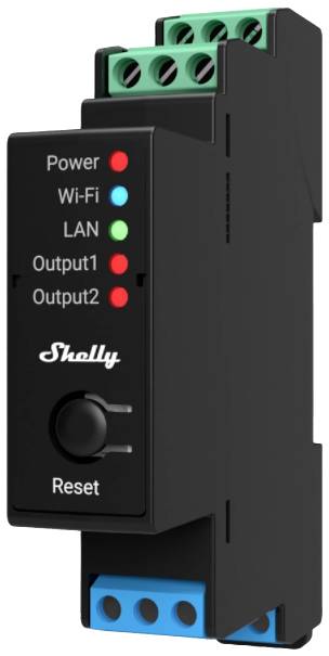 Ein schwarzes Modul mit LED-Anzeigen für 'Power', 'Wi-Fi', 'LAN', 'Output1' und 'Output2' sowie einem 'Reset'-Knopf beschriftet als 'Shelly'.