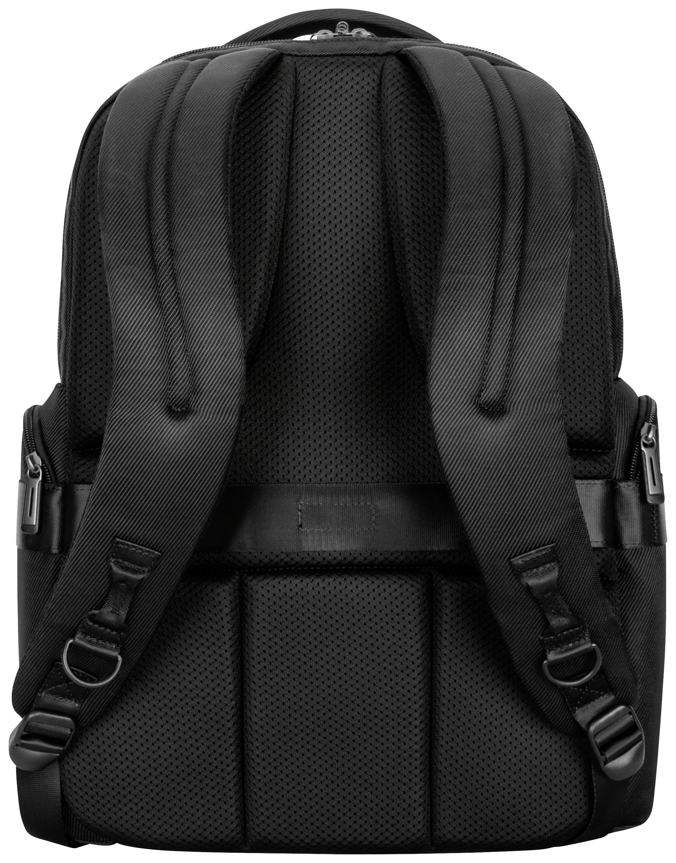 Schwarzer Rucksack mit gepolsterten Trägern und mehreren Fächern, von hinten gesehen.