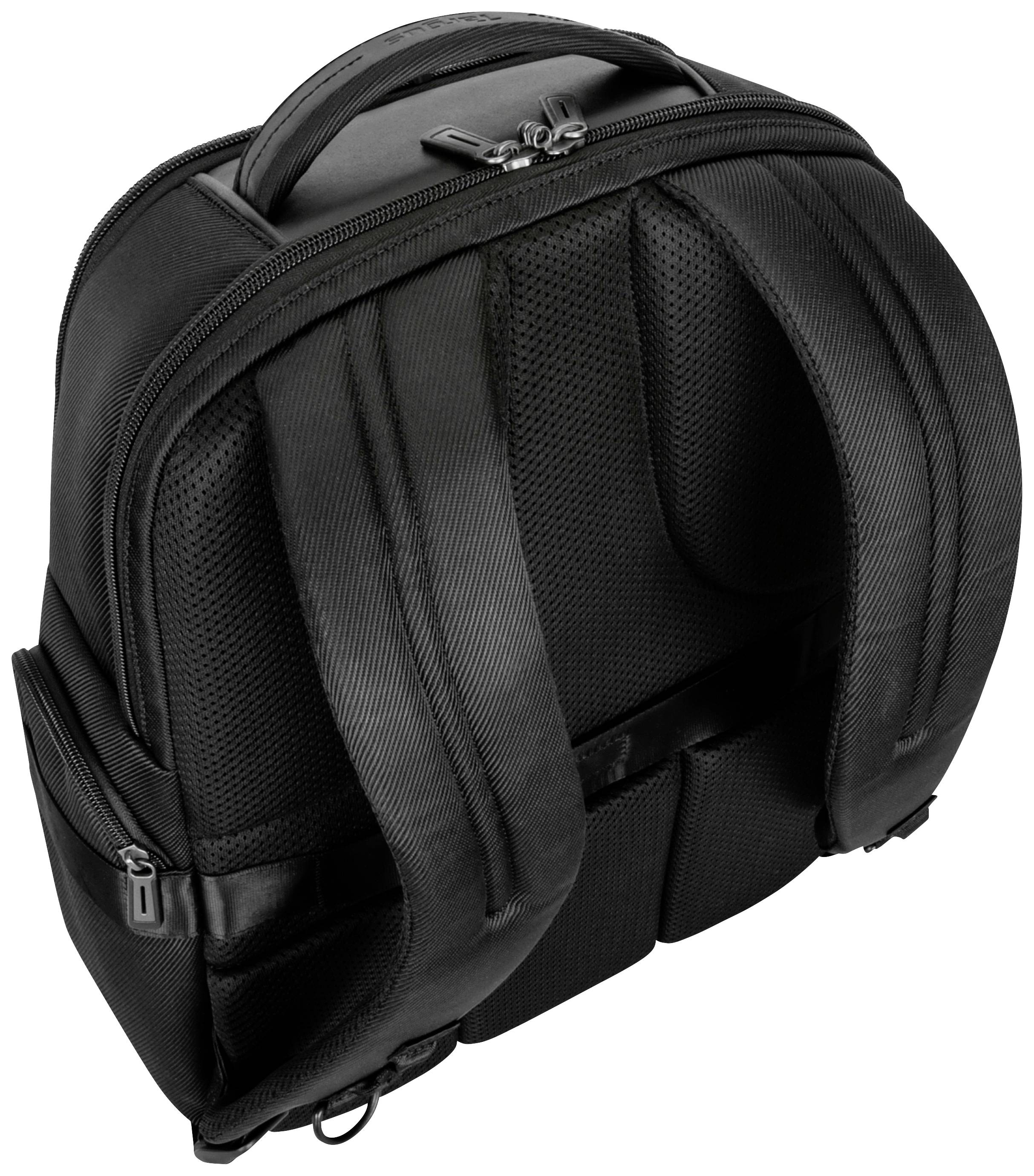 Ein schwarzer Rucksack mit gepolsterten Schultergurten und mehreren Reißverschlussfächern, von hinten gesehen.