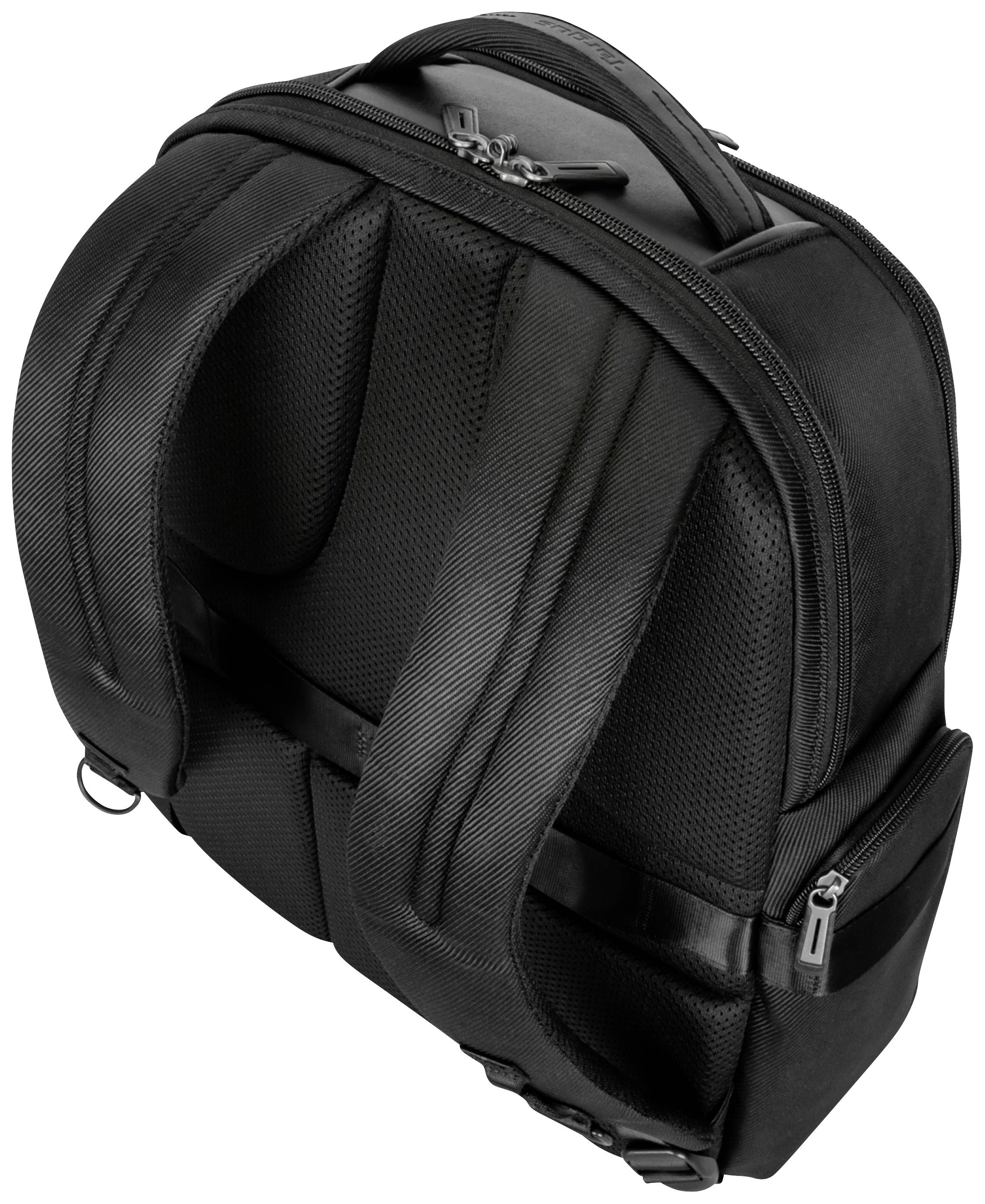 Ein schwarzer Rucksack mit gepolsterten Schultergurten und mehreren Reißverschlusstaschen, geeignet für alltägliche Nutzung oder Reisen.