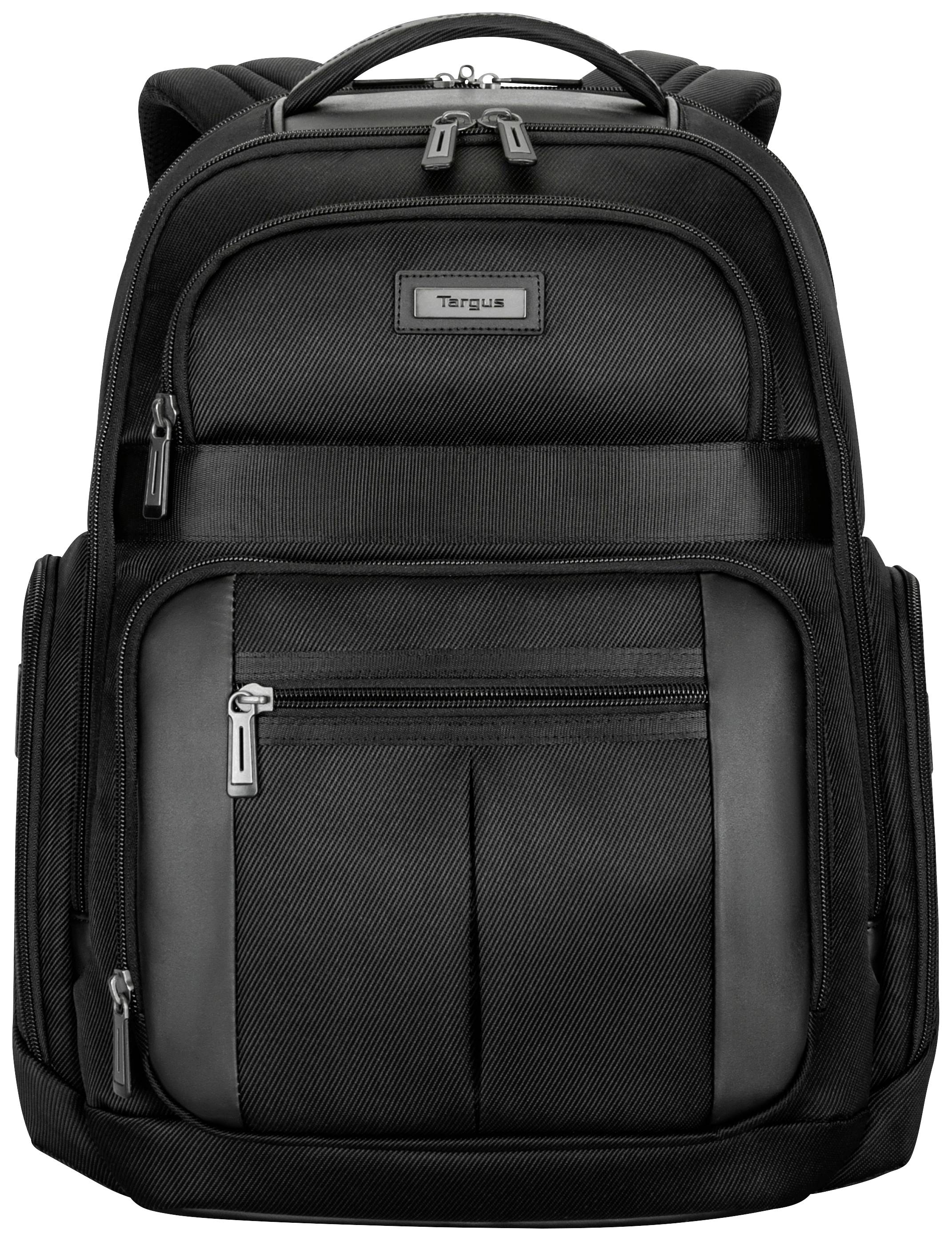 Schwarzer Rucksack mit mehreren Fächern und silbernen Reißverschlüssen, geeignet für den Transport von Laptop und Zubehör.