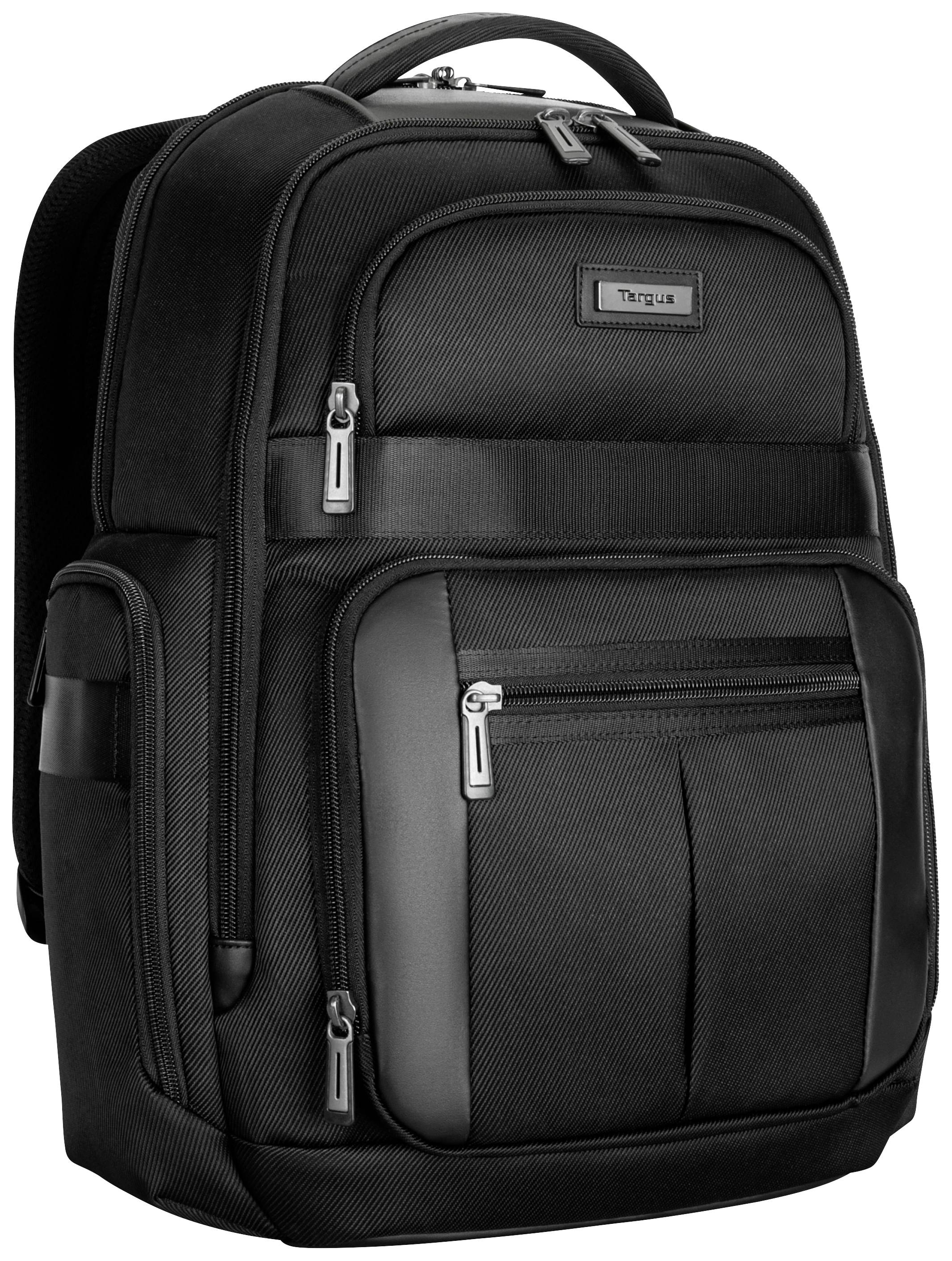 Schwarzer Laptop-Rucksack mit mehreren Reißverschlusstaschen und gepolstertem Griff. Ideal für Reisen und Berufspendler.