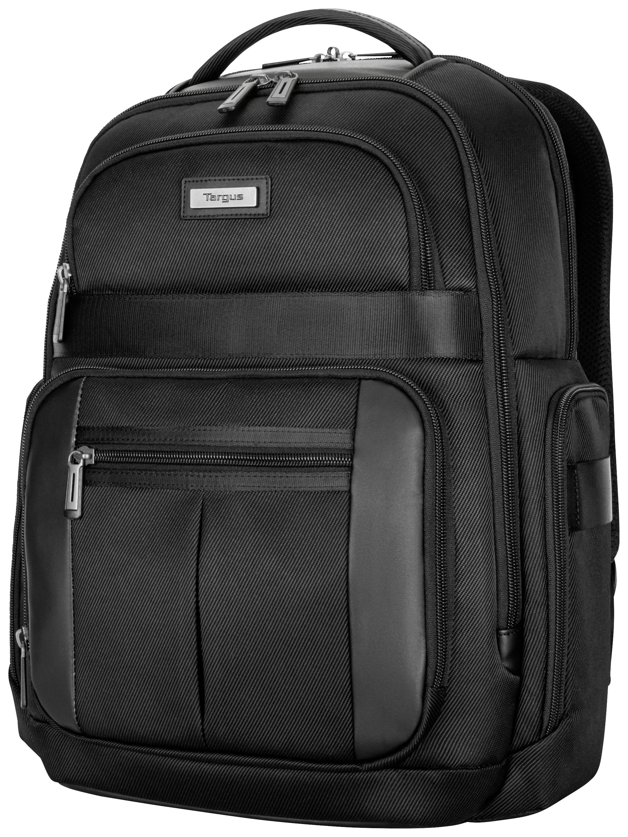 Ein schwarzer Laptop-Rucksack mit mehreren Reißverschlusstaschen und einem Griff oben, geeignet für den täglichen Gebrauch oder Reisen.