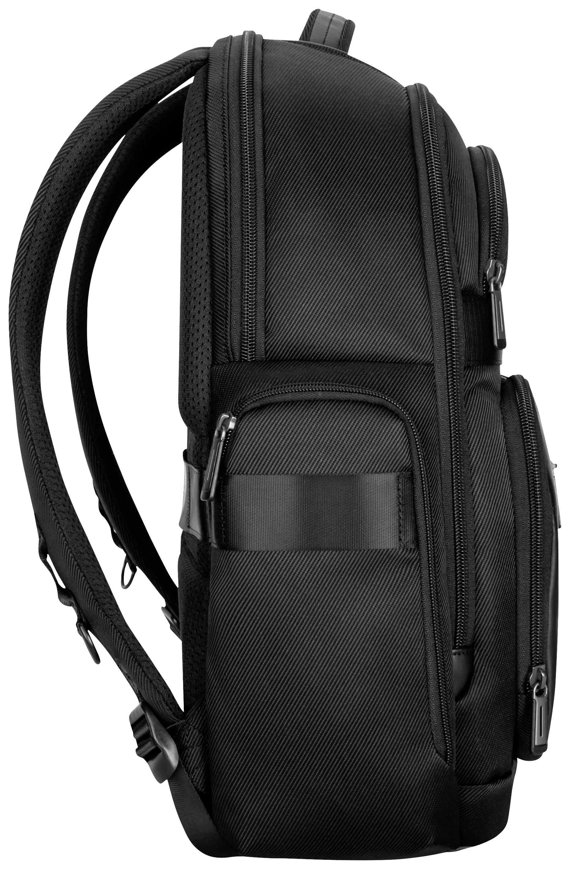 Schwarzer Rucksack in Seitenansicht, zeigt mehrere Reißverschlusstaschen und gepolsterte Schulterriemen. Ideal für Reisen oder Schule.