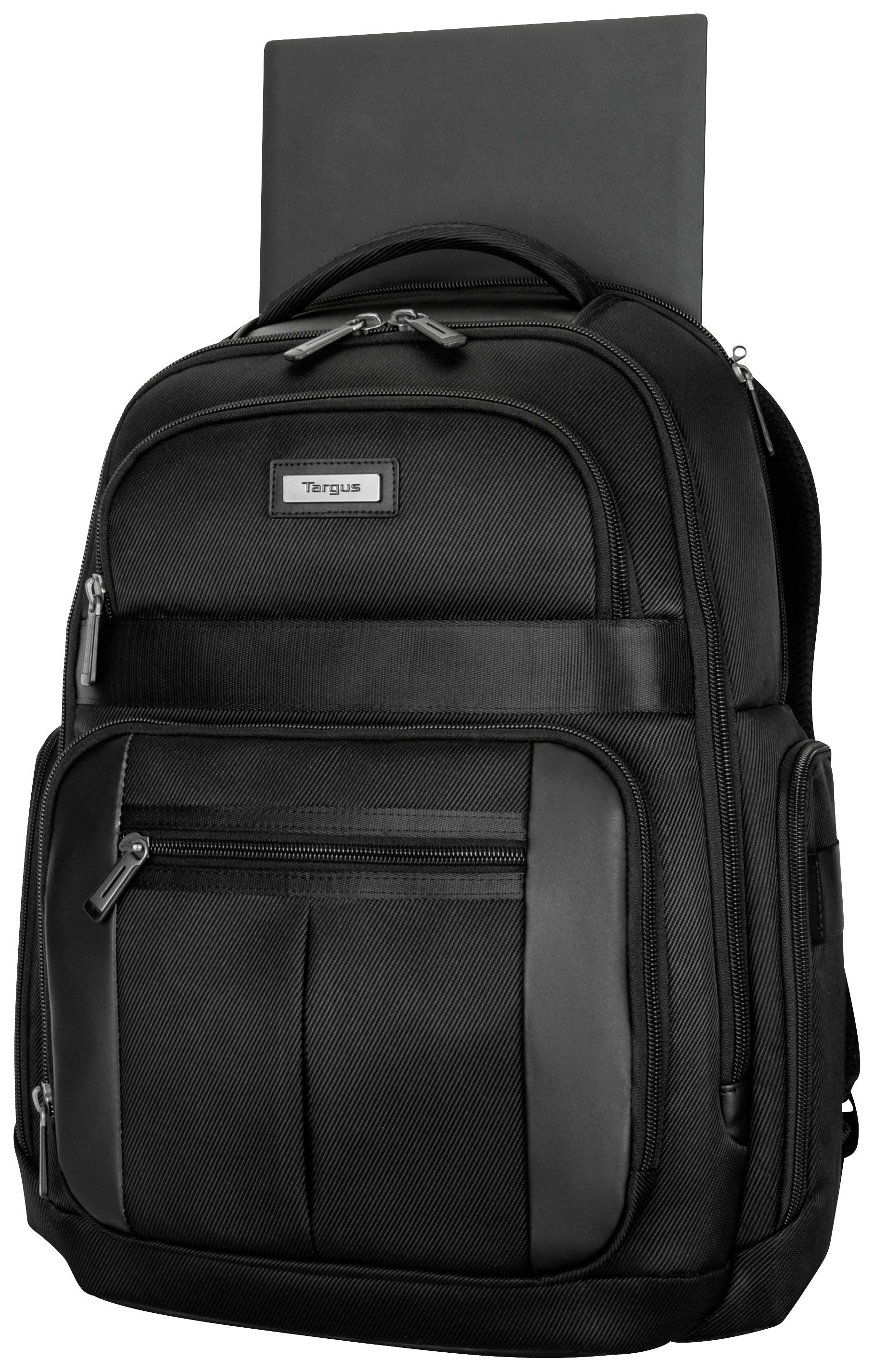 Ein schwarzer, mehrfach unterteilter Rucksack, aus dem ein Laptop herausragt. Ideal für den Transport von Technologie und Zubehör.