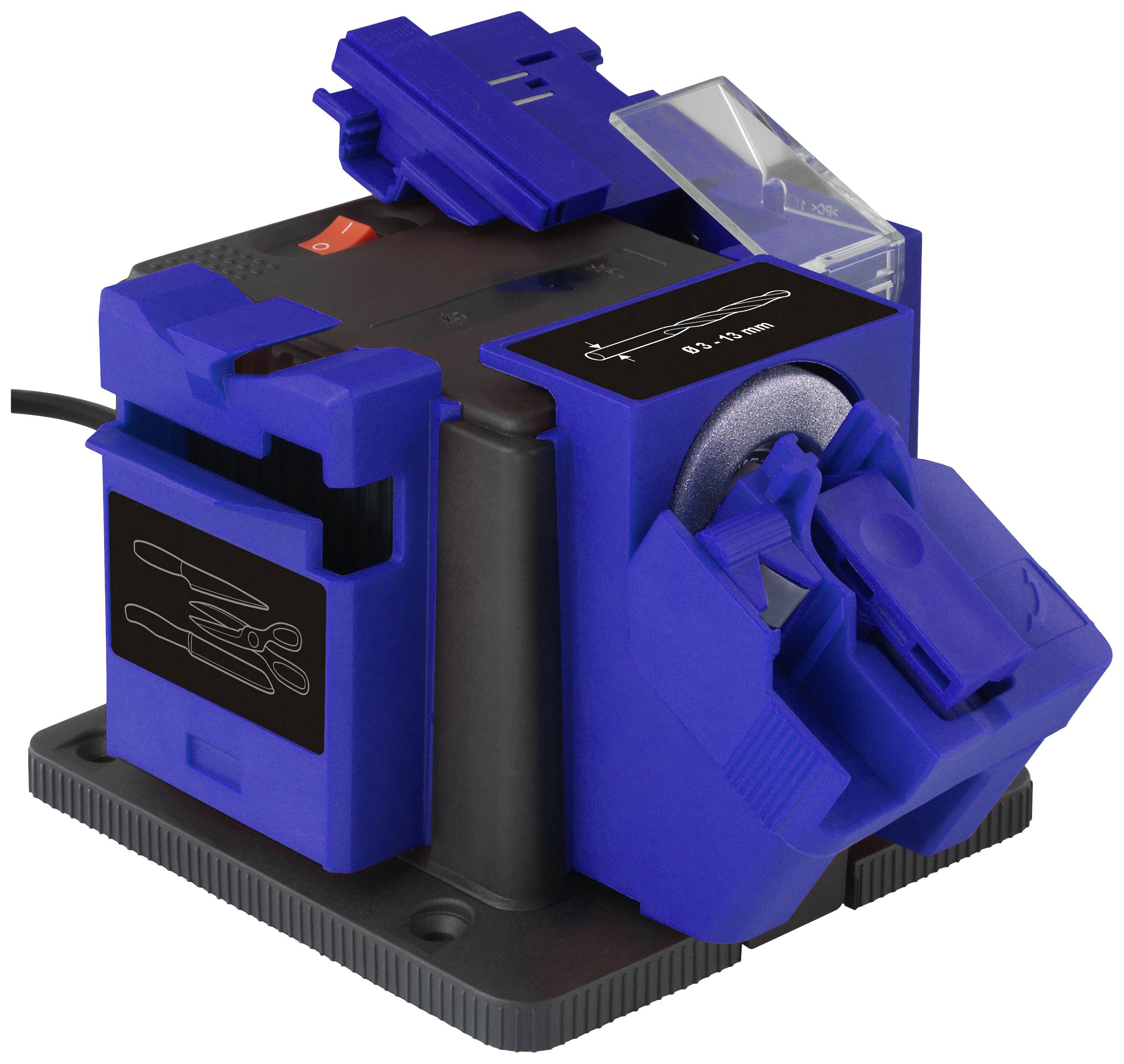 Blauer elektrischer Messerschärfer mit verschiedenen Schlitzen für unterschiedliche Klingentypen auf schwarzer Basis.