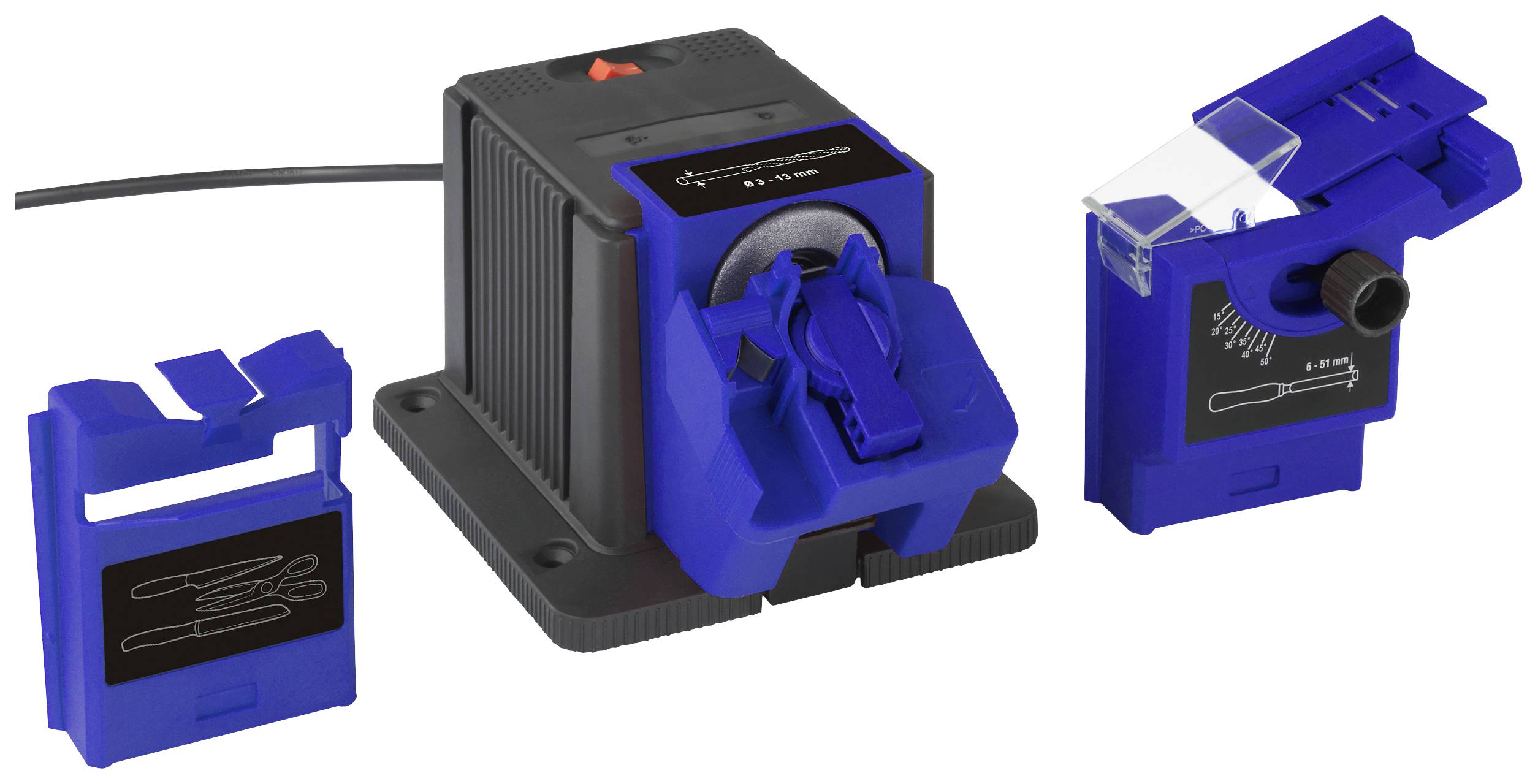 Elektrischer Spitzer mit Klingenabdeckung und zusätzlichem Halter. Ideal für präzises Spitzen von Bleistiften oder Stiften.