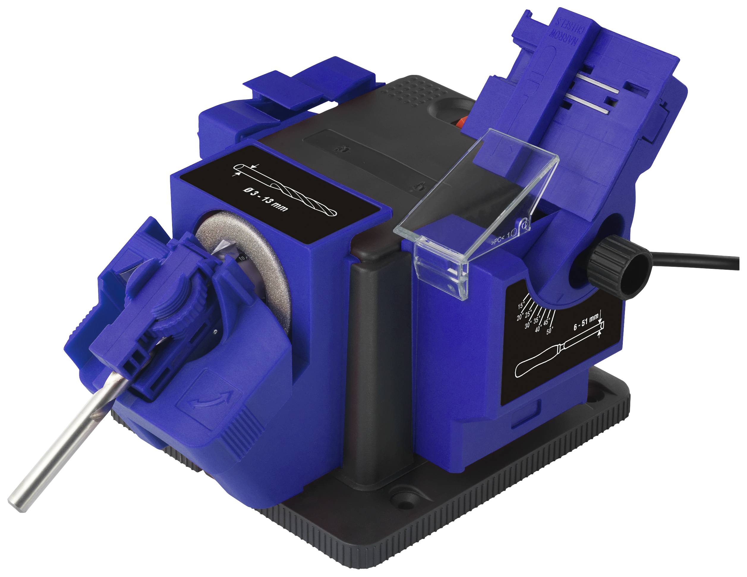 Elektrischer Bohrerschärfer mit blauem Gehäuse. Eignet sich zum Schärfen von Metallbohrern.