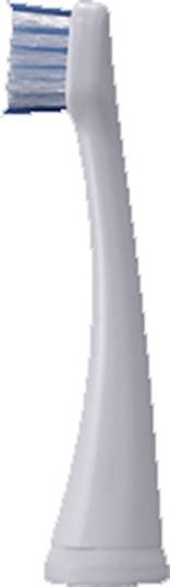 Eine Zahnbürstenkopf mit weißen und blauen Borsten, geeignet für elektrische Zahnbürsten.