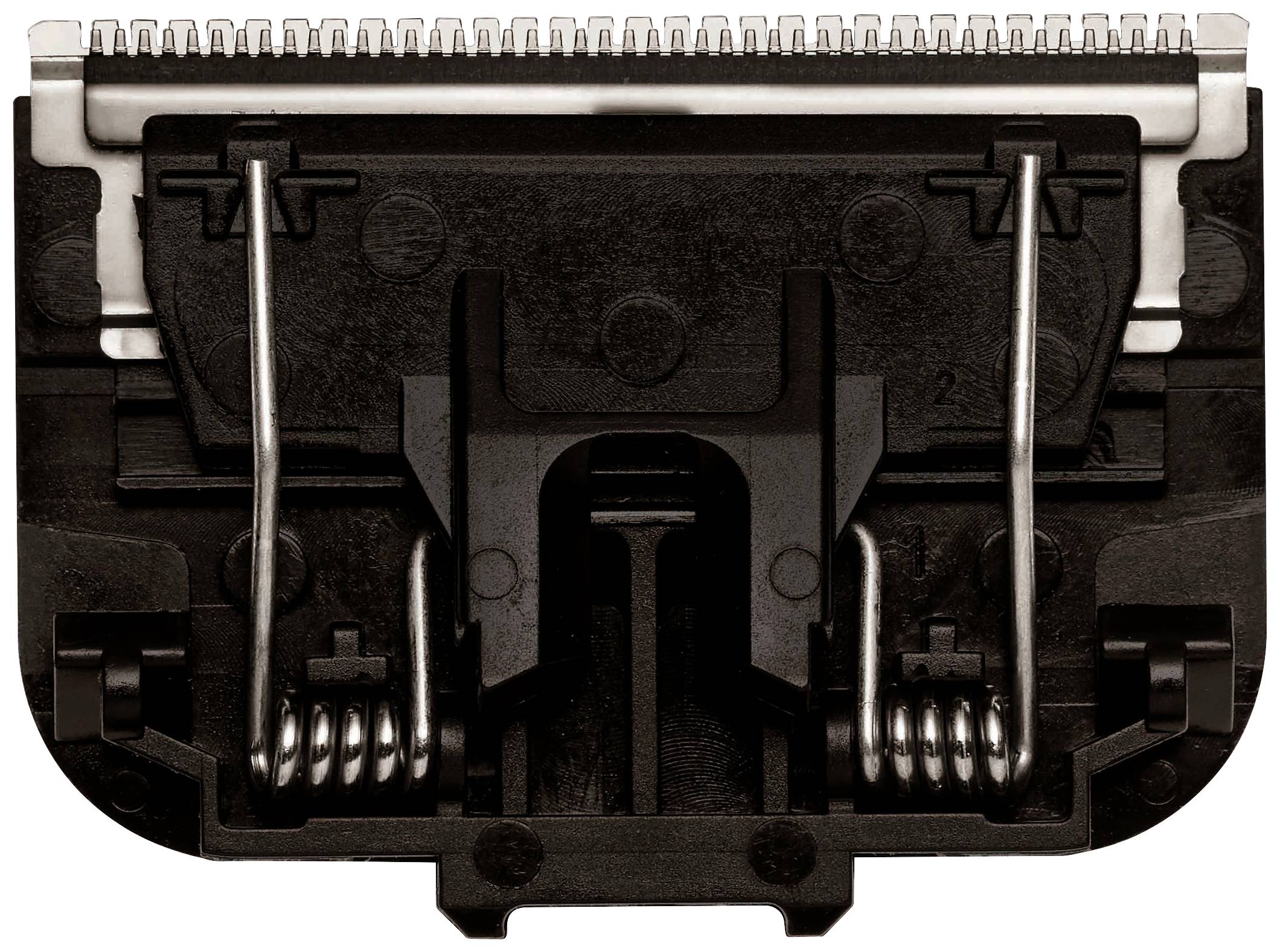 Nahaufnahme eines schwarzen, elektrischen Rasiererkopfes mit sichtbaren Metallklingen und Federn.