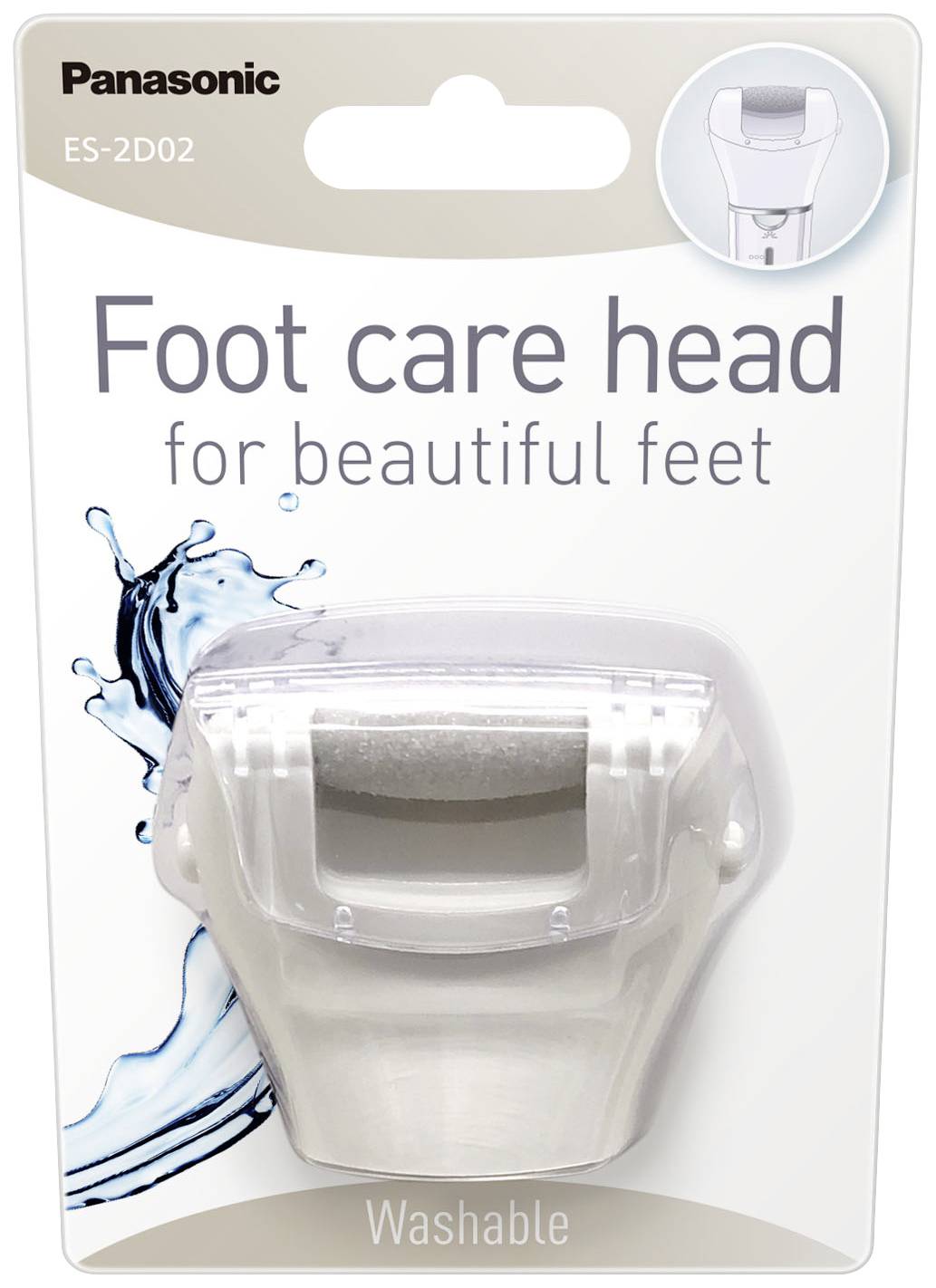 Verpackung eines Panasonic Fußpflegeaufsatzes. Aufschrift: 'Foot care head for beautiful feet'. Im Hintergrund ein Wasserspritzer.