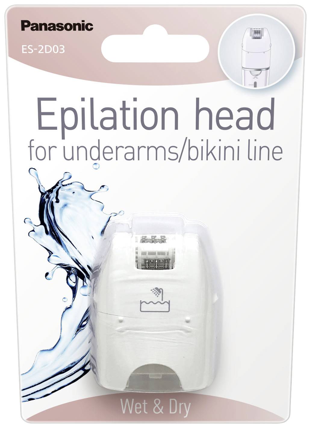 Epilationkopf für Unterarme/Bikinizone, geeignet für Nass- und Trockenanwendung, abgebildet in der Verpackung mit Wasserspritzer.